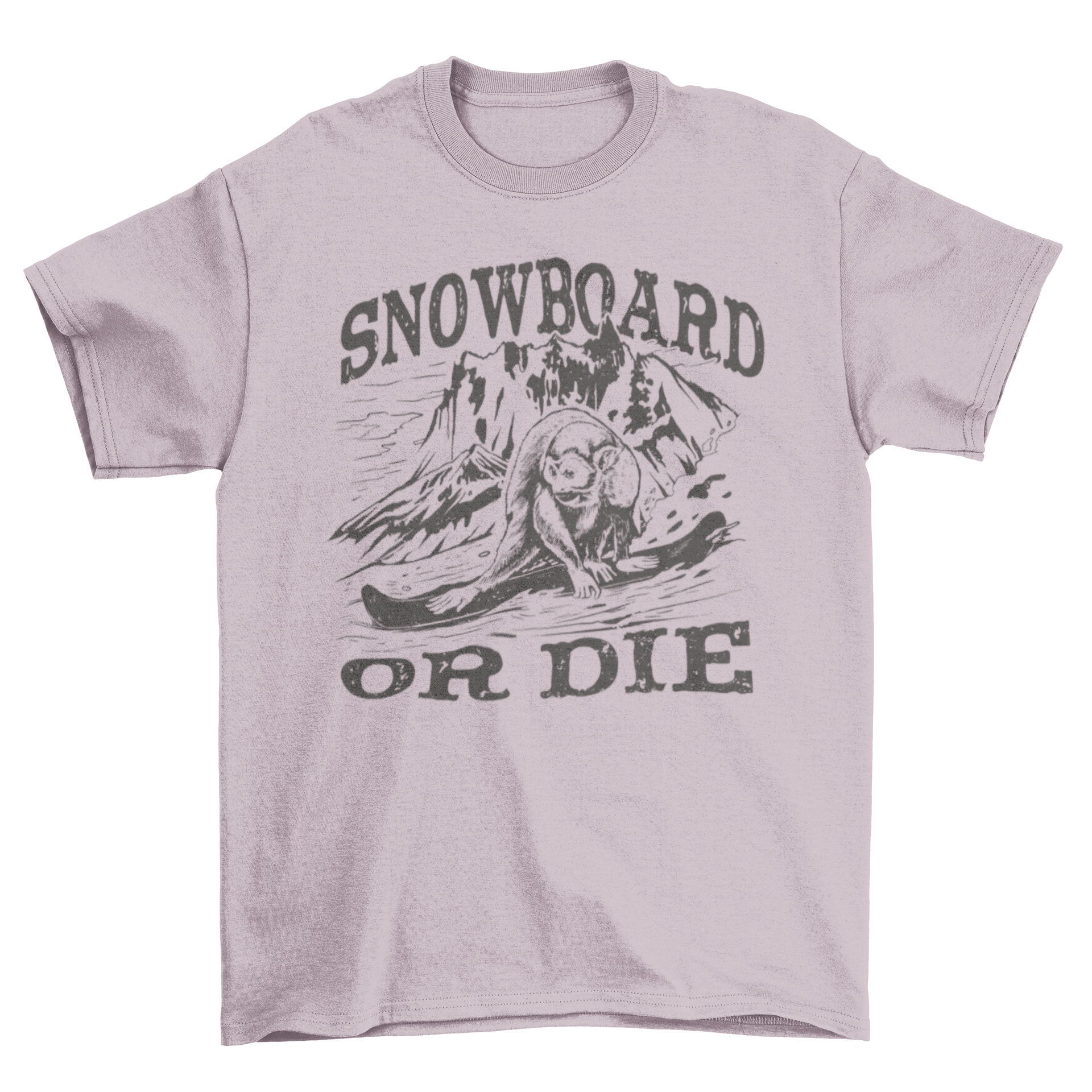 A playful t-shirt featuring a monkey snowboarding down a mountain with the quote 'Snowboard or die'.