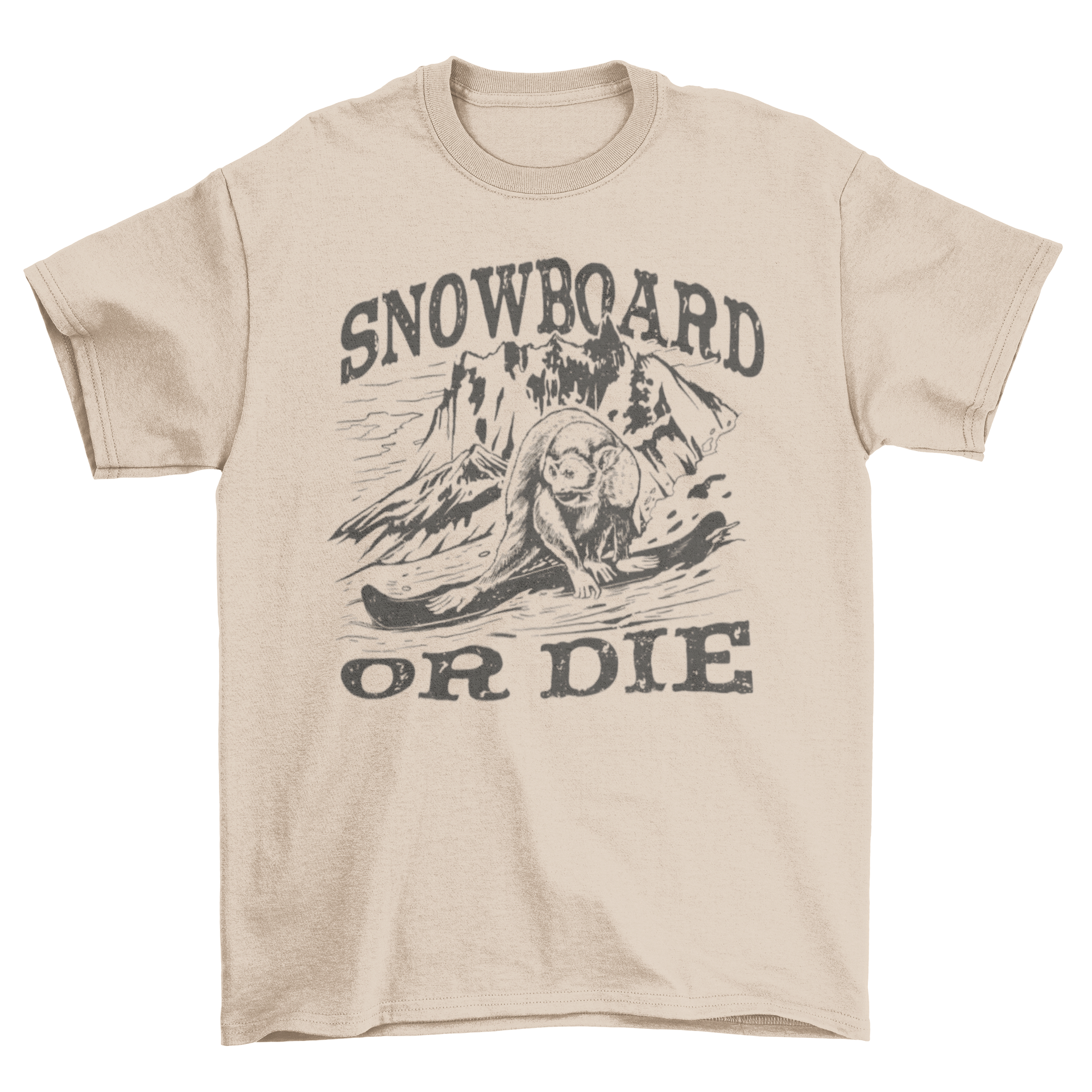 A playful t-shirt featuring a monkey snowboarding down a mountain with the quote 'Snowboard or die'.