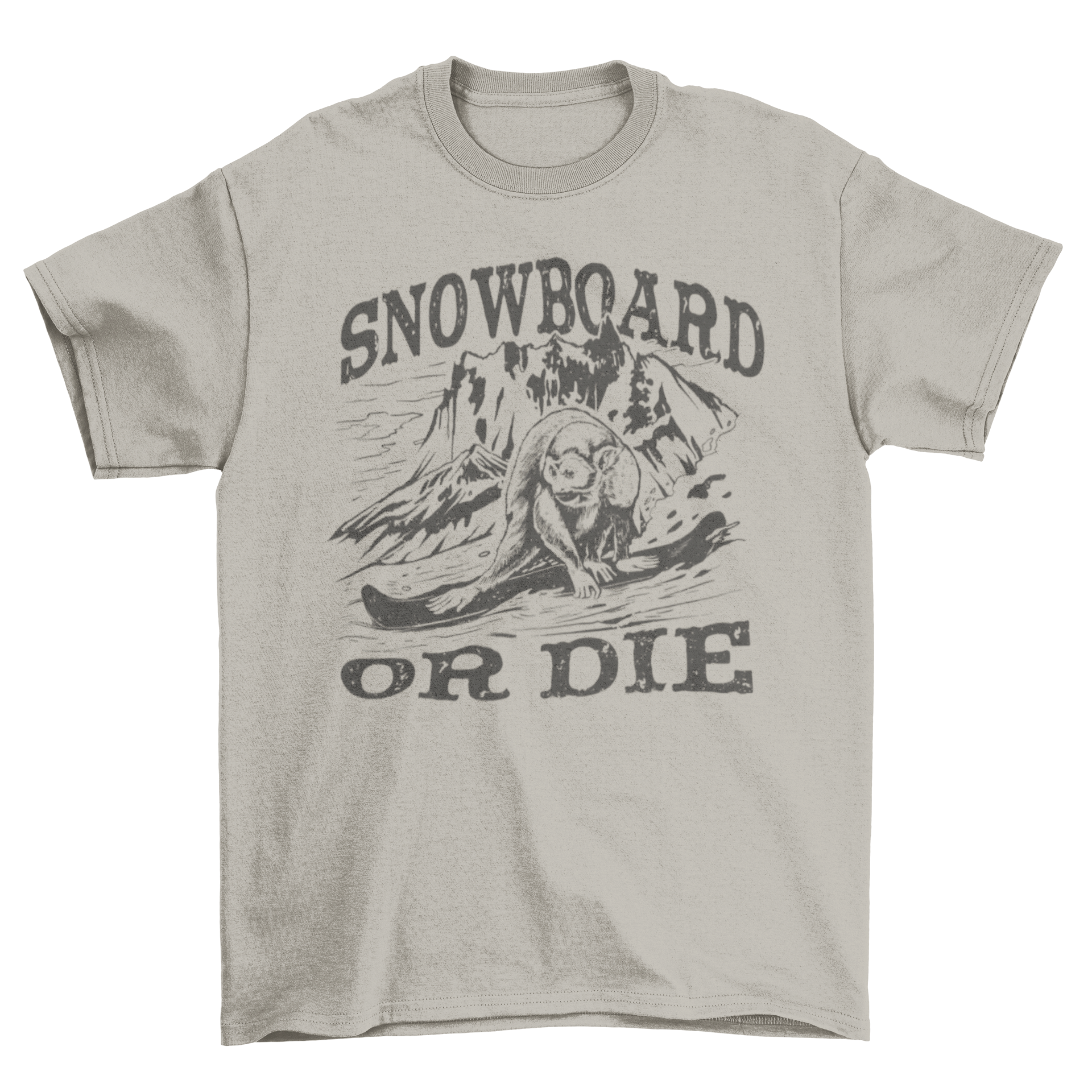 A playful t-shirt featuring a monkey snowboarding down a mountain with the quote 'Snowboard or die'.