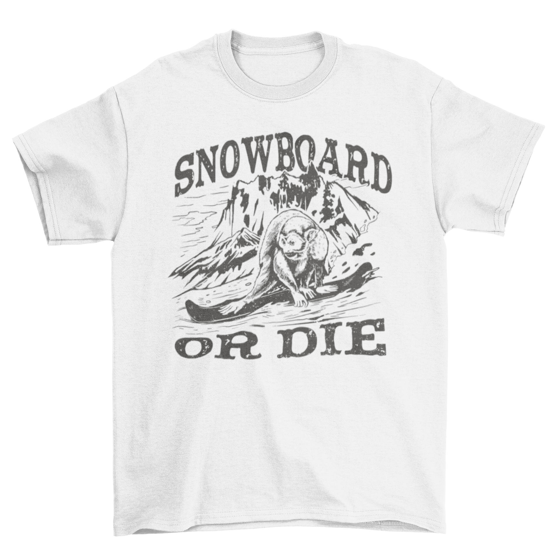 A playful t-shirt featuring a monkey snowboarding down a mountain with the quote 'Snowboard or die'.