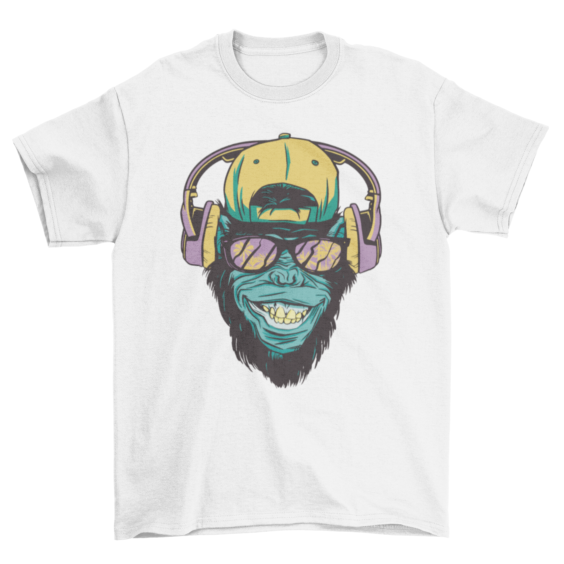 A playful t-shirt featuring a monkey wearing a hat and headphones, enjoying music.