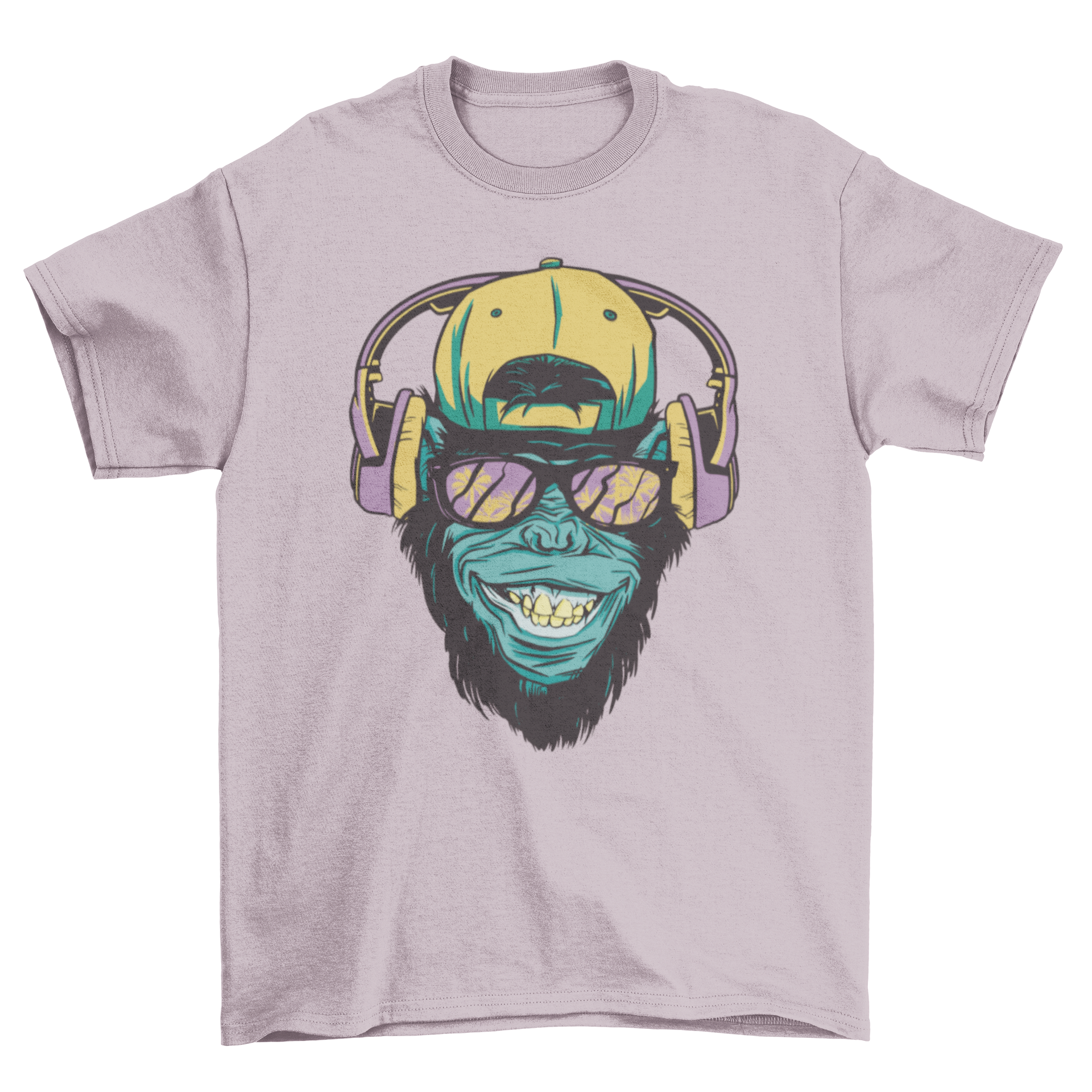 A playful t-shirt featuring a monkey wearing a hat and headphones, enjoying music.