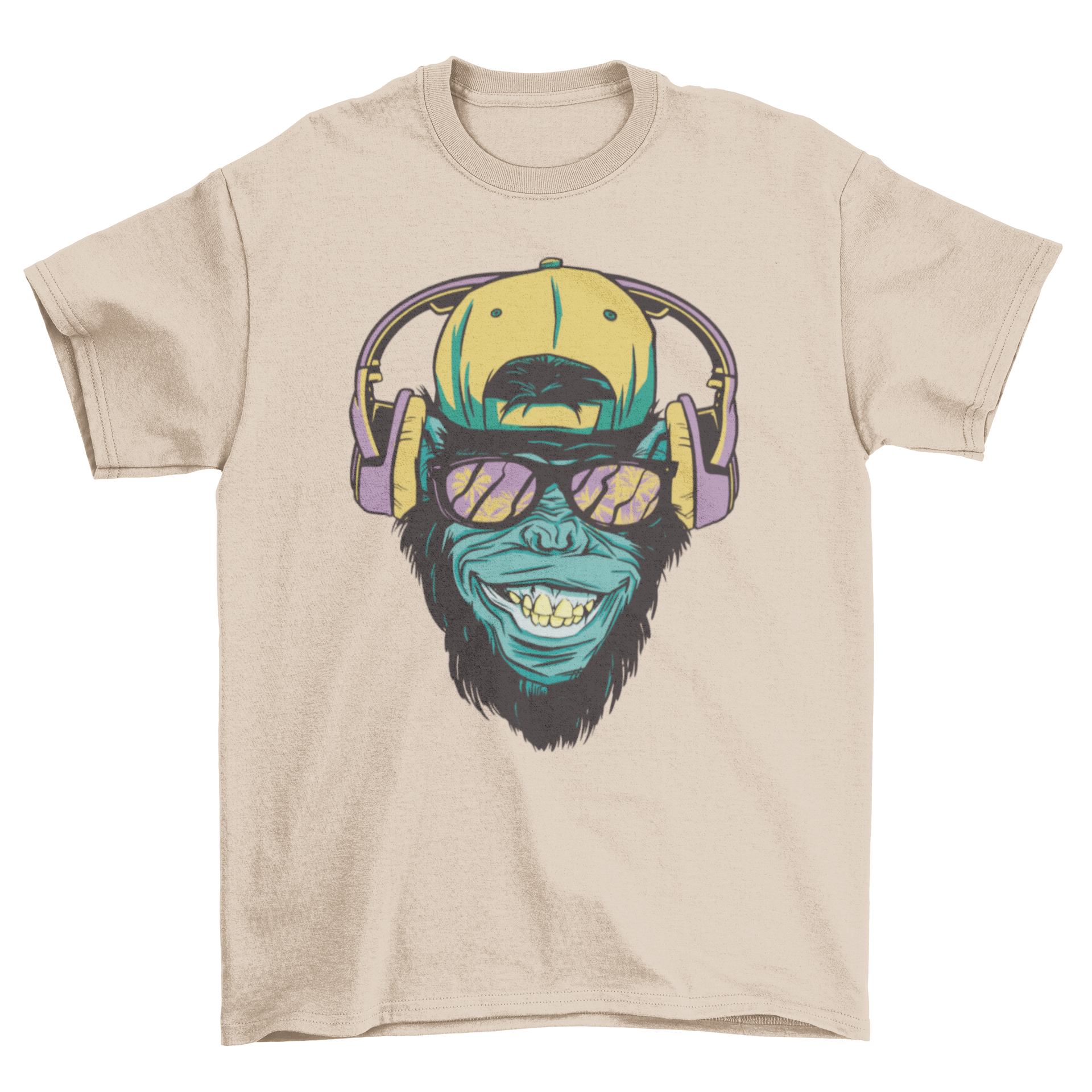 A playful t-shirt featuring a monkey wearing a hat and headphones, enjoying music.