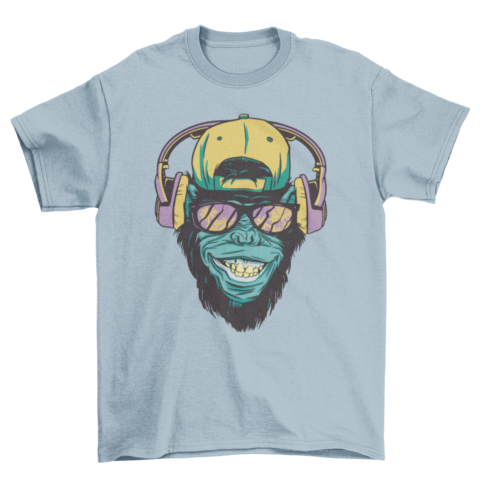 A playful t-shirt featuring a monkey wearing a hat and headphones, enjoying music.