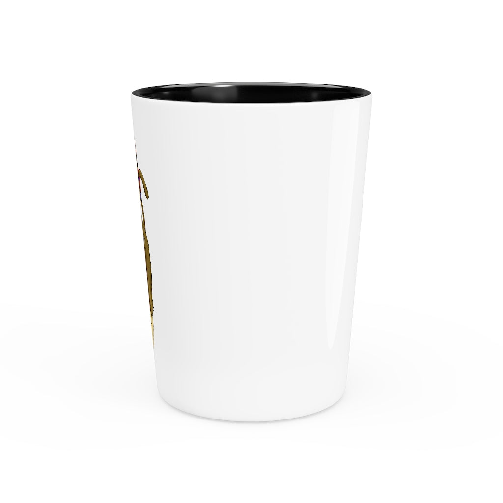 Personalized Moonki Shot Glass with white ceramic exterior and customizable design, available in white or black interior.