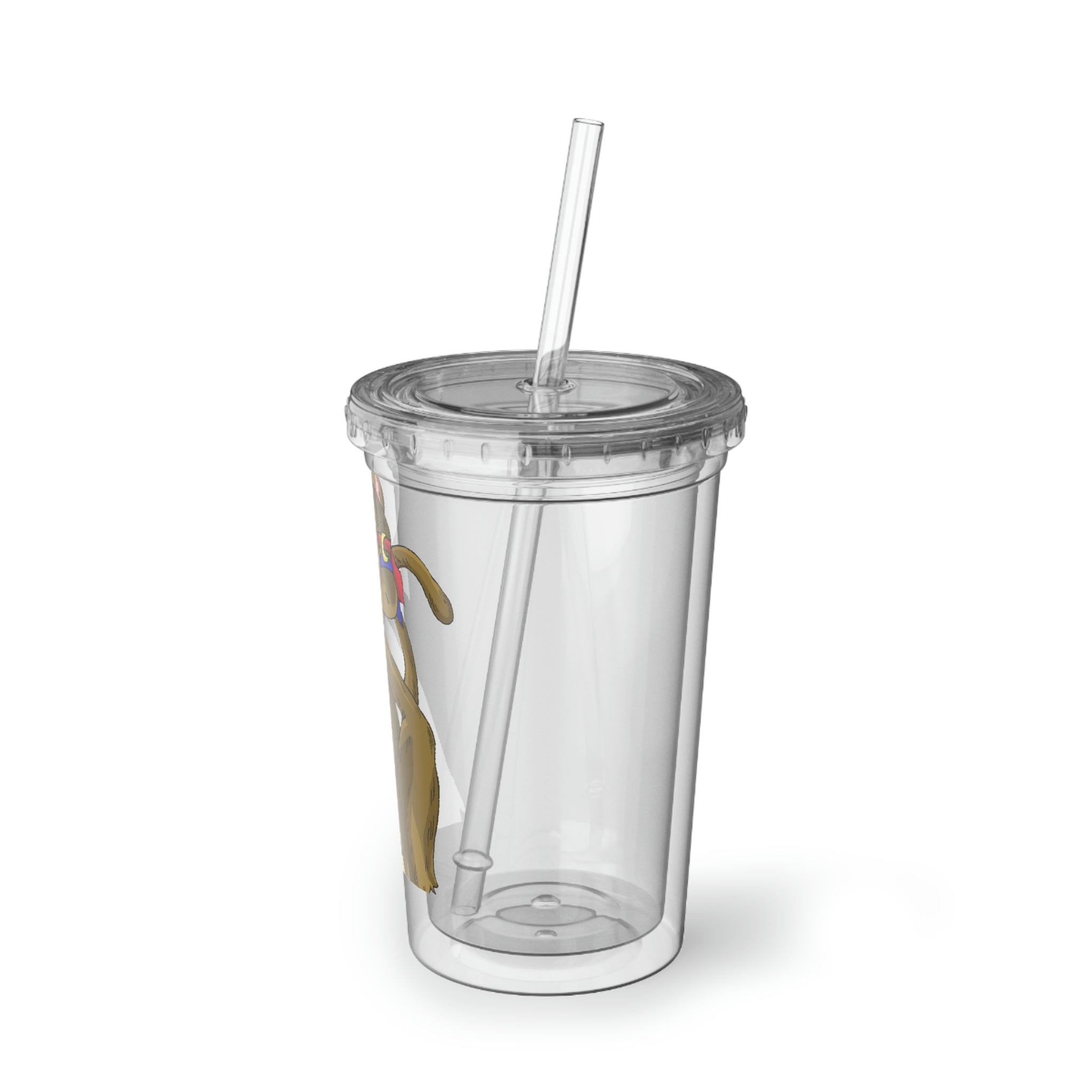 Moonki Suave Acrylic Cup in stainless steel with a black screw-on cap and plastic straw, showcasing a customizable design.