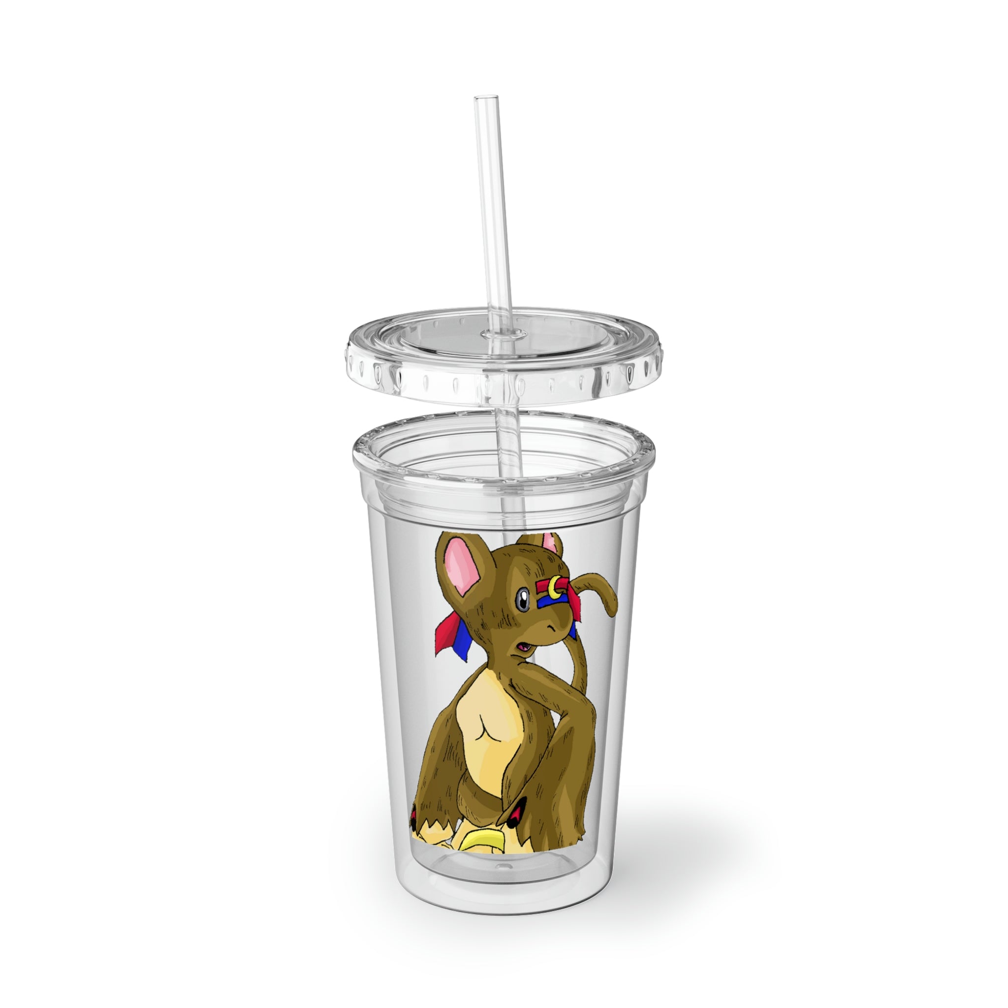 Moonki Suave Acrylic Cup in stainless steel with a black screw-on cap and plastic straw, showcasing a customizable design.