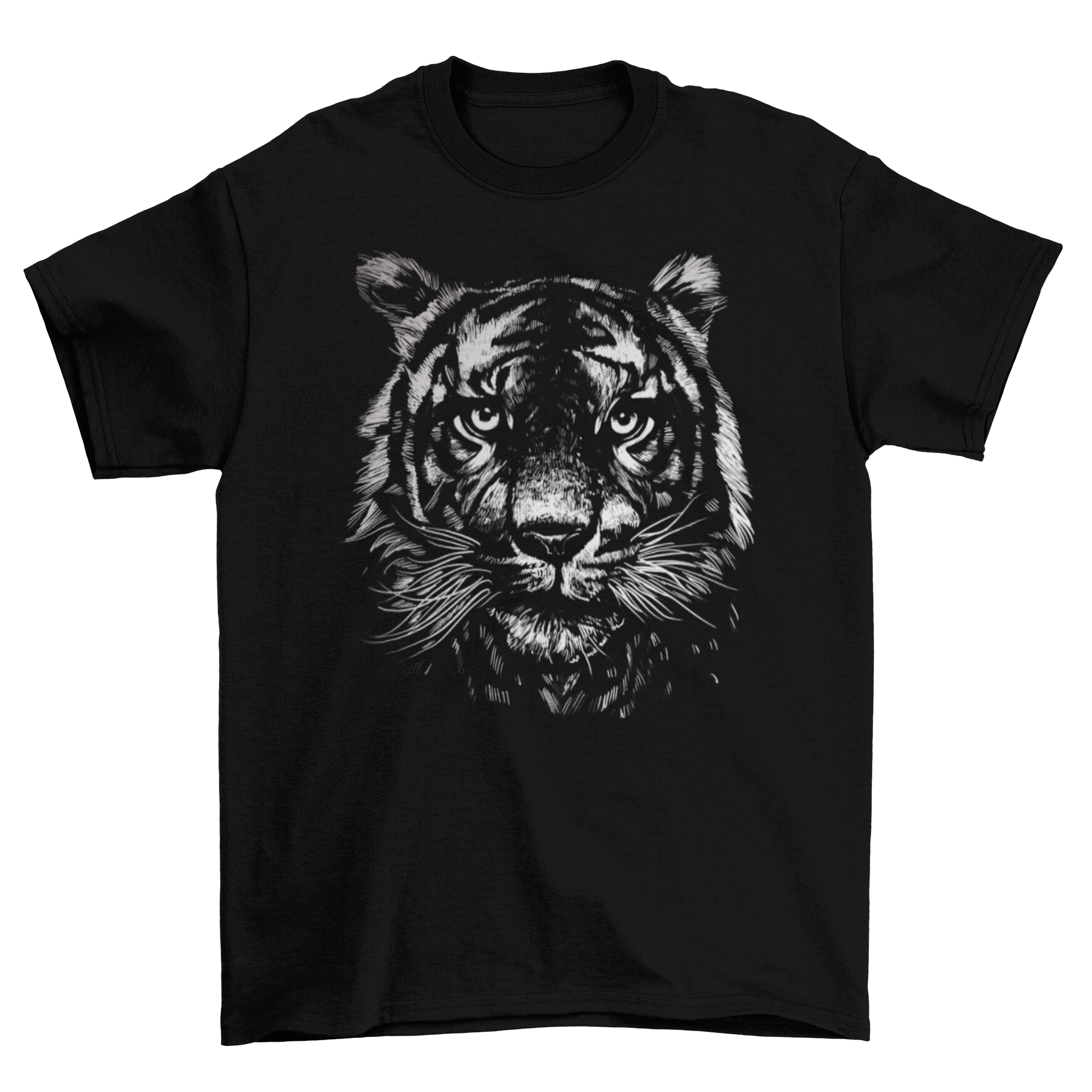 Monochrome tiger t-shirt featuring a realistic tiger head design in black and white.