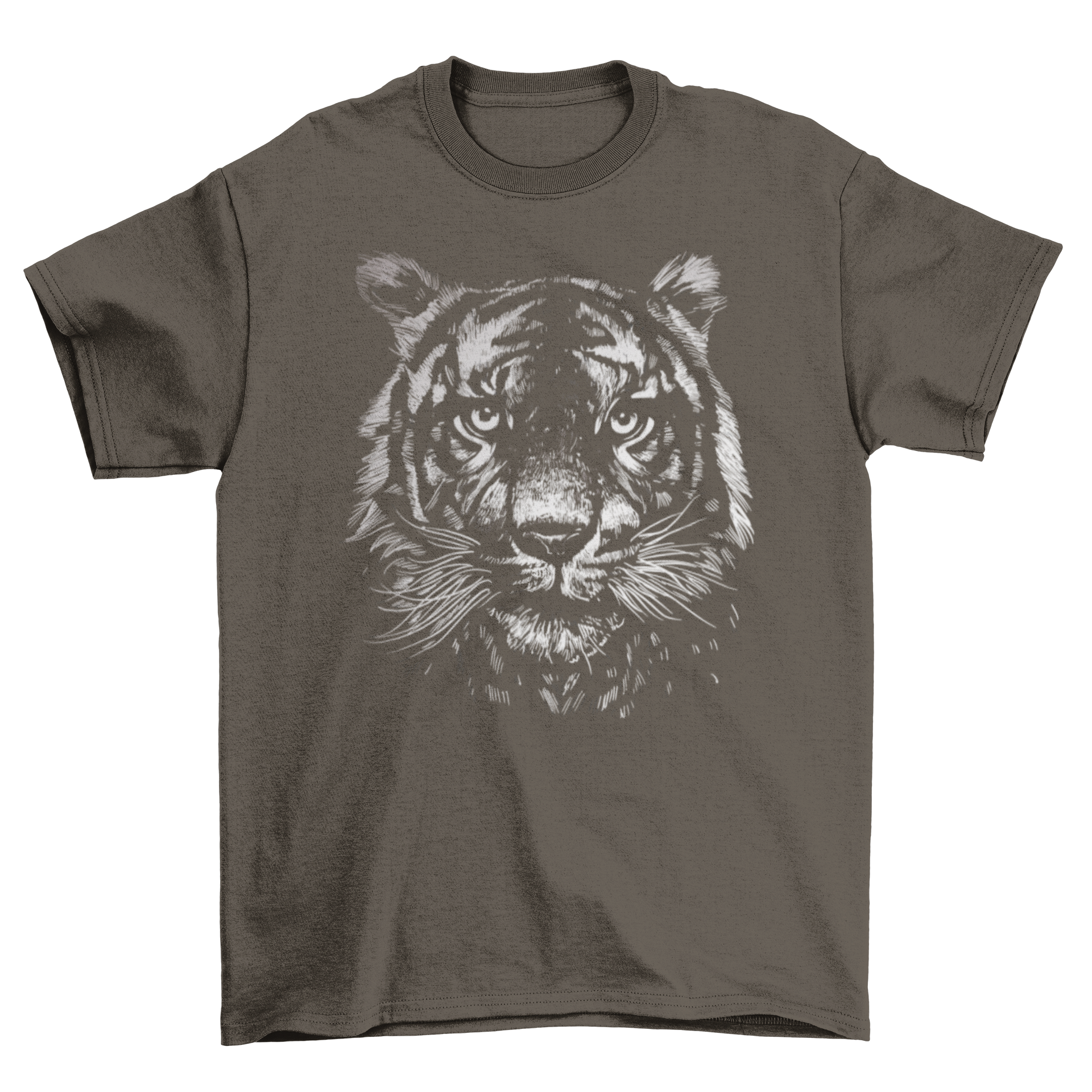 Monochrome tiger t-shirt featuring a realistic tiger head design in black and white.