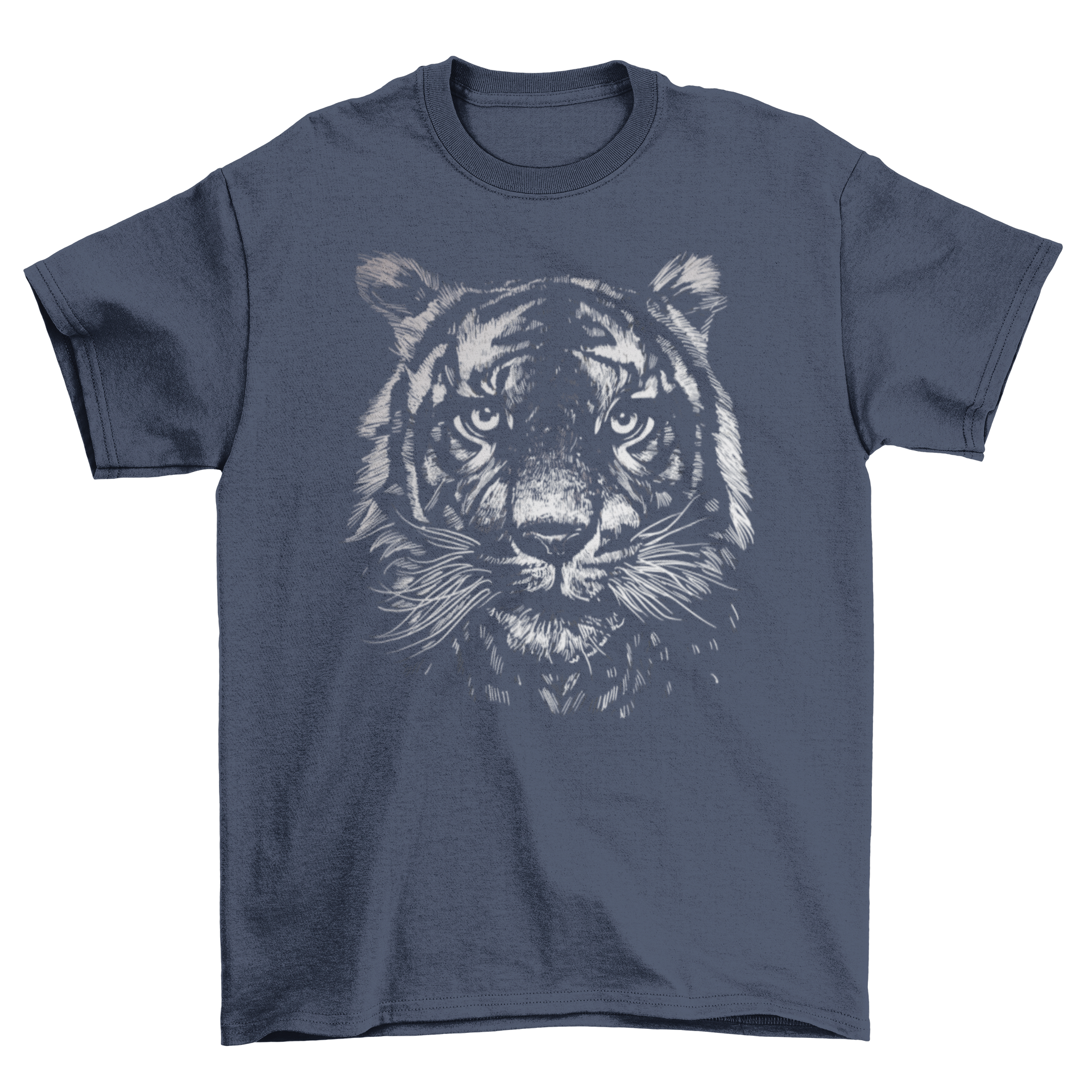 Monochrome tiger t-shirt featuring a realistic tiger head design in black and white.