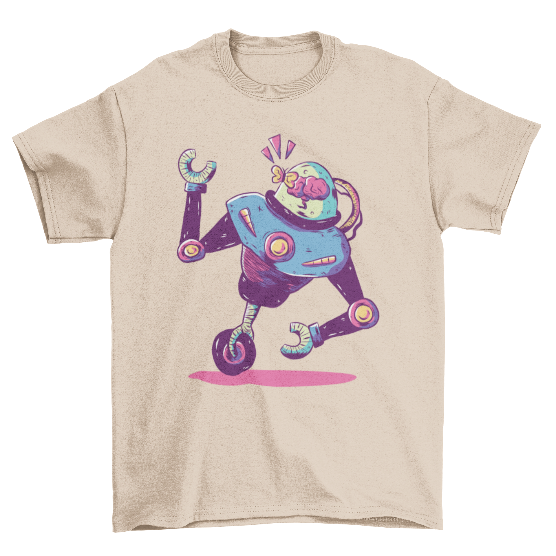 Monowheel Robot T-shirt featuring a robot with a butterfly on its glass helmet, showcasing a unique and whimsical design.