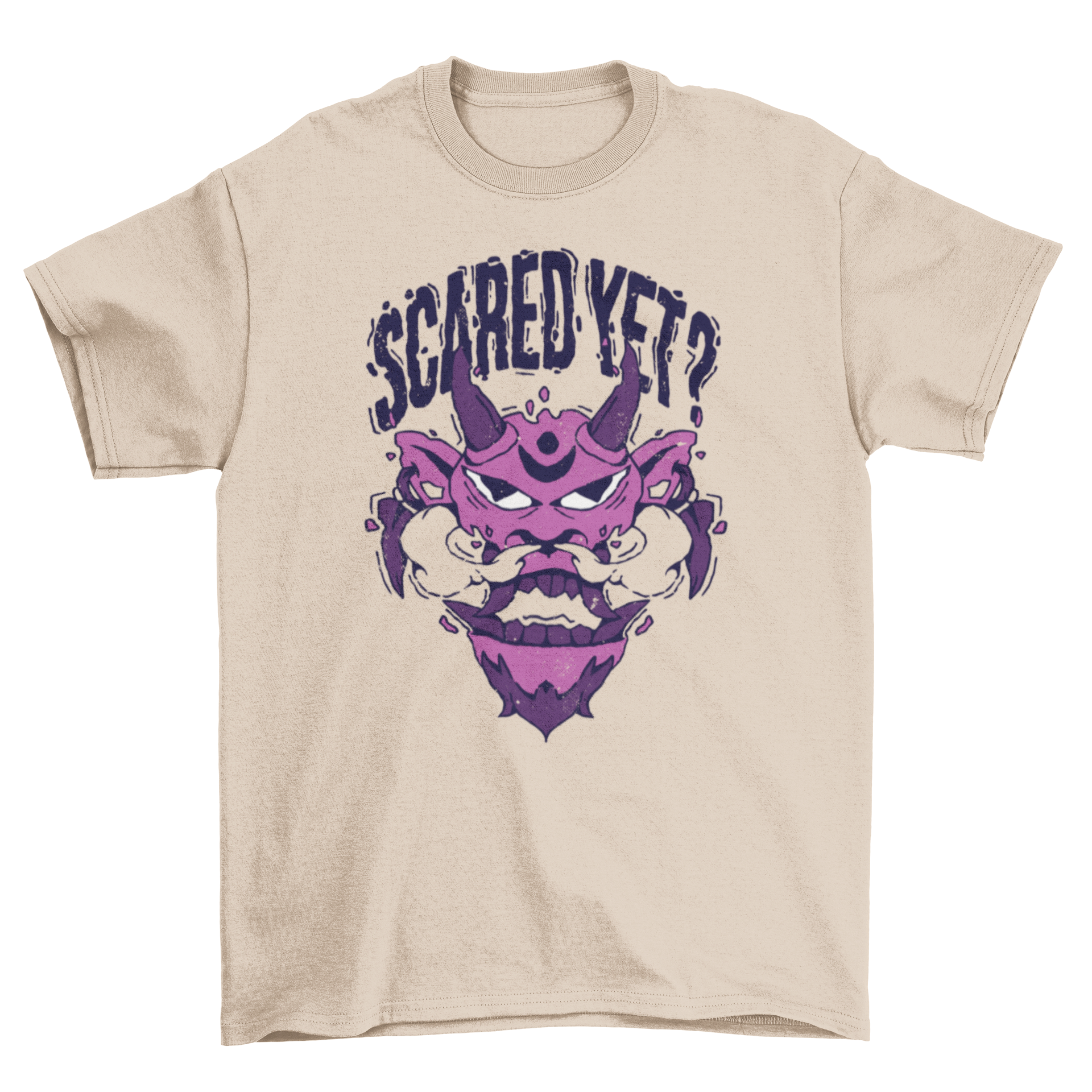 A stylish t-shirt featuring a colorful monster face design with the quote 'Scared yet?' printed below.