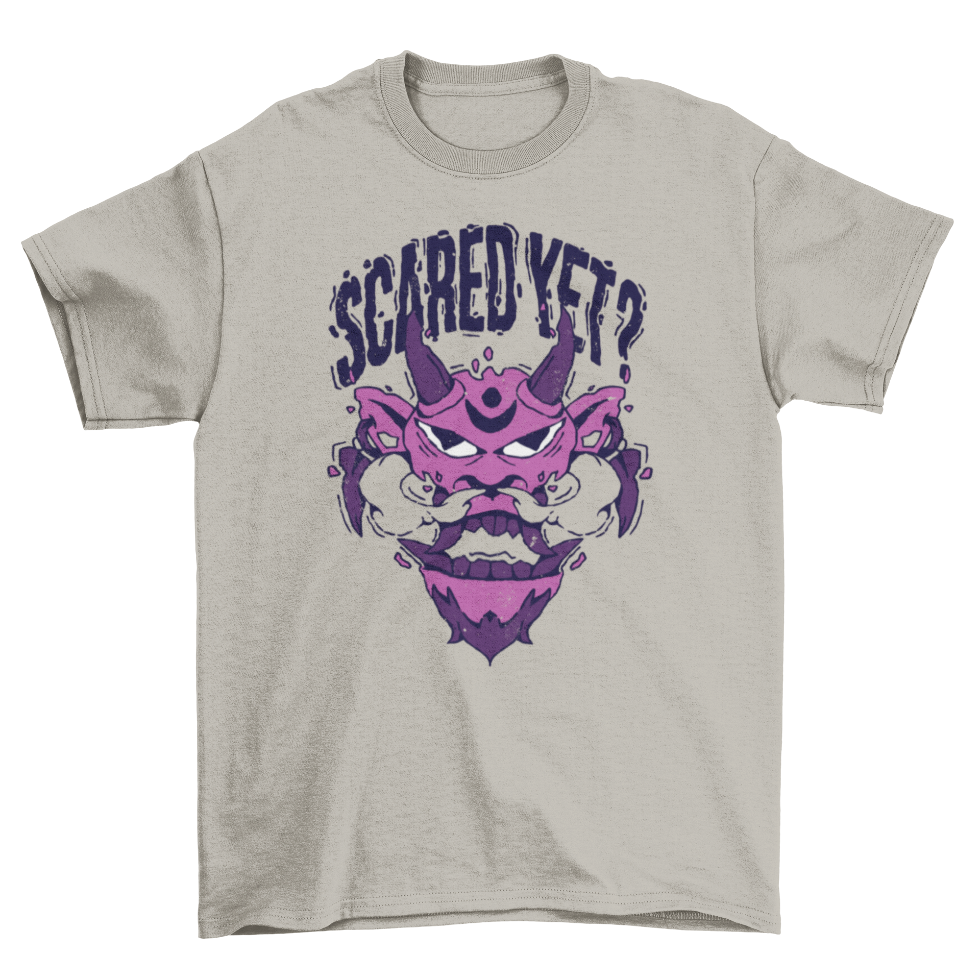 A stylish t-shirt featuring a colorful monster face design with the quote 'Scared yet?' printed below.