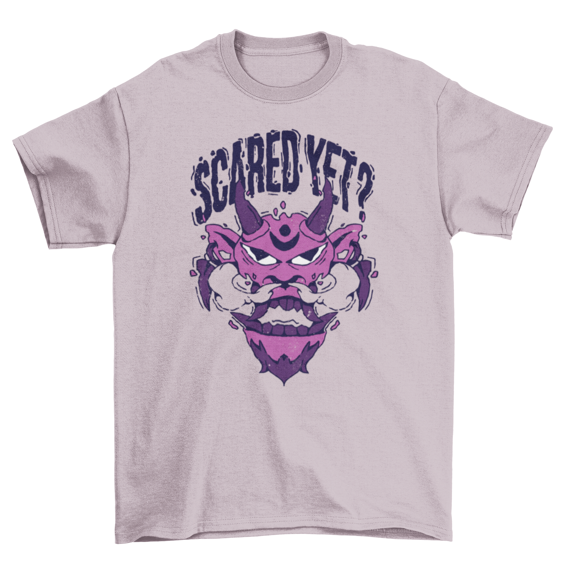 A stylish t-shirt featuring a colorful monster face design with the quote 'Scared yet?' printed below.