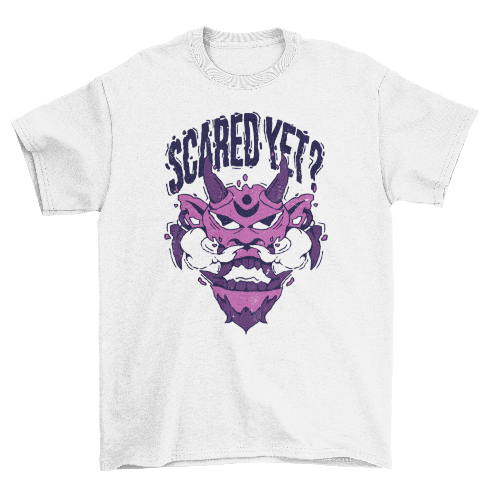 A stylish t-shirt featuring a colorful monster face design with the quote 'Scared yet?' printed below.