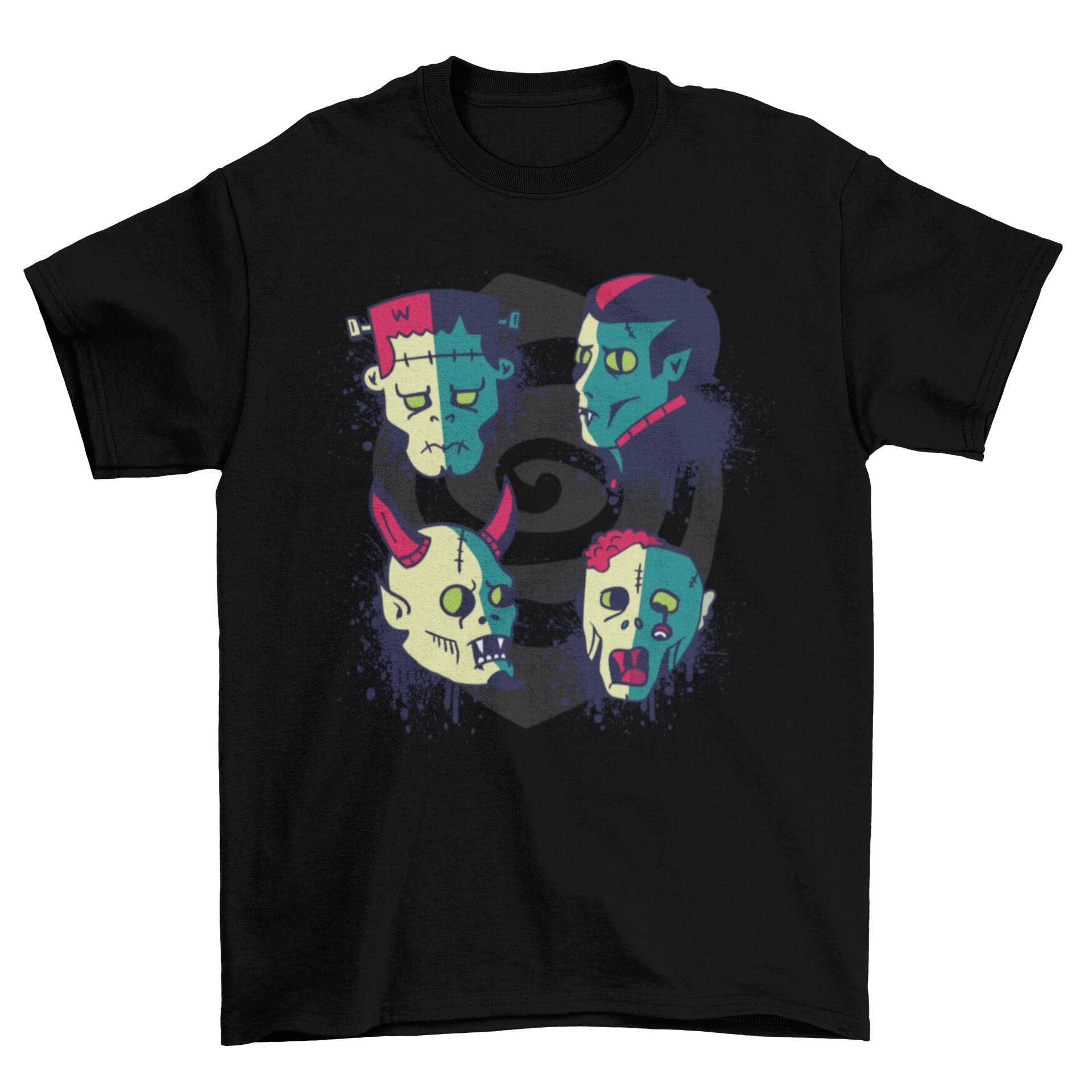 A spooky t-shirt featuring illustrations of Frankenstein, a vampire, a demon, and a zombie, perfect for Halloween.