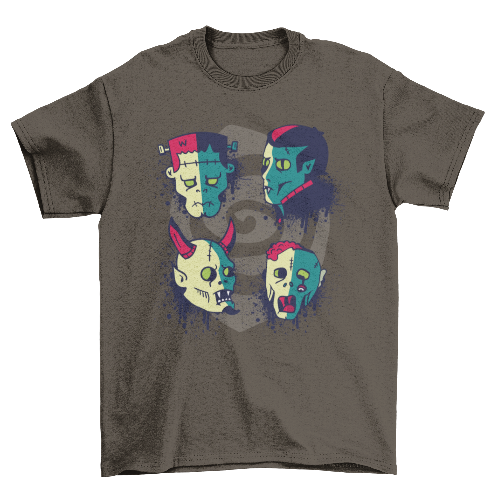 A spooky t-shirt featuring illustrations of Frankenstein, a vampire, a demon, and a zombie, perfect for Halloween.