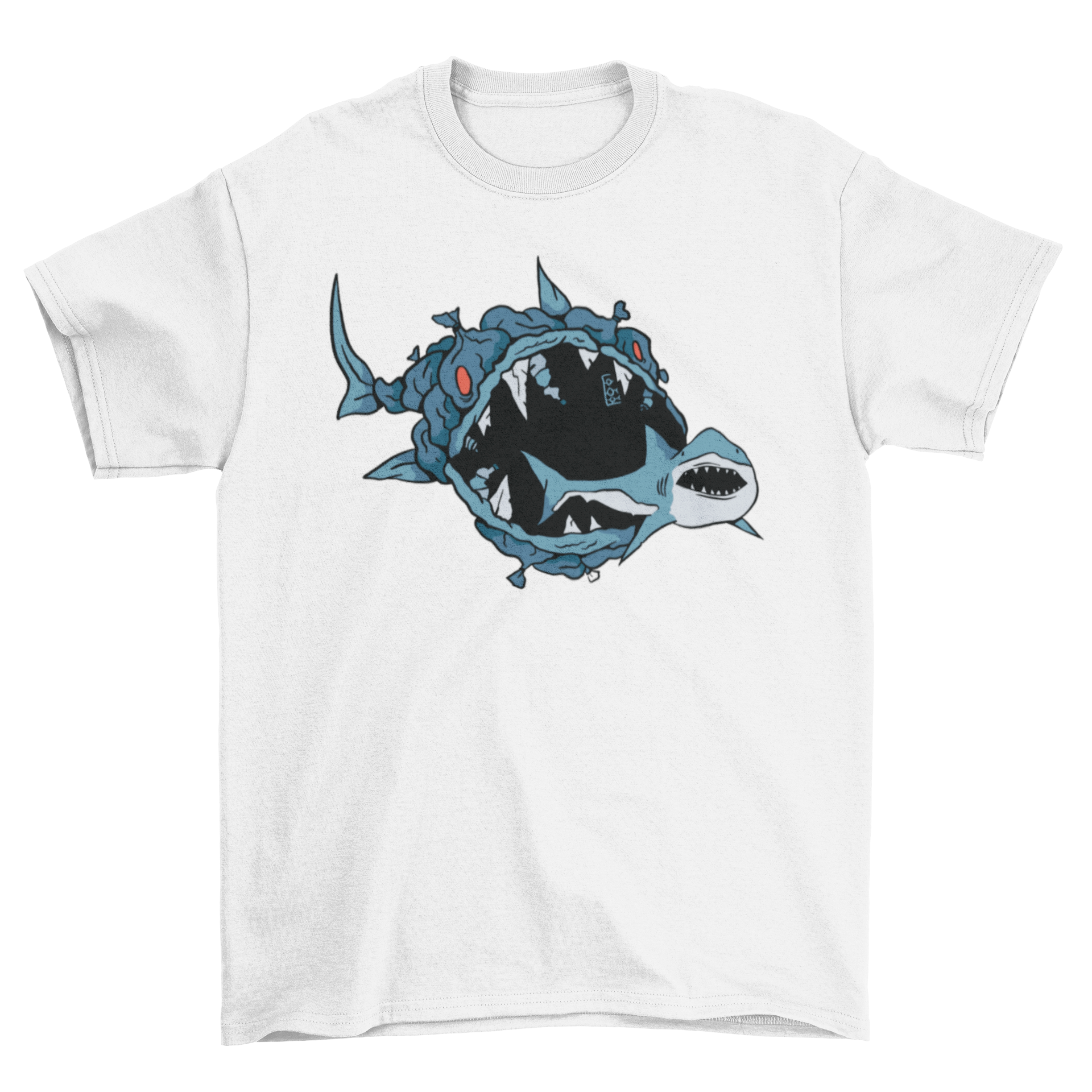 A creative t-shirt design featuring a fish made of garbage eating a shark, symbolizing ocean pollution.