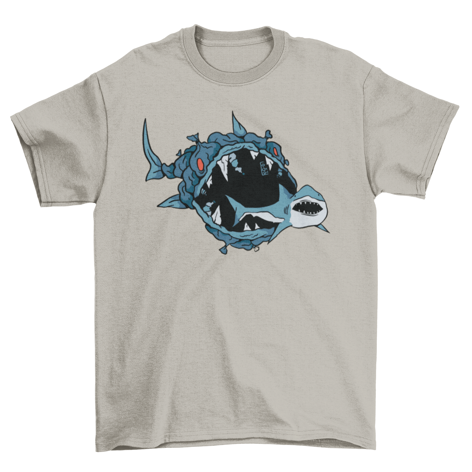 A creative t-shirt design featuring a fish made of garbage eating a shark, symbolizing ocean pollution.