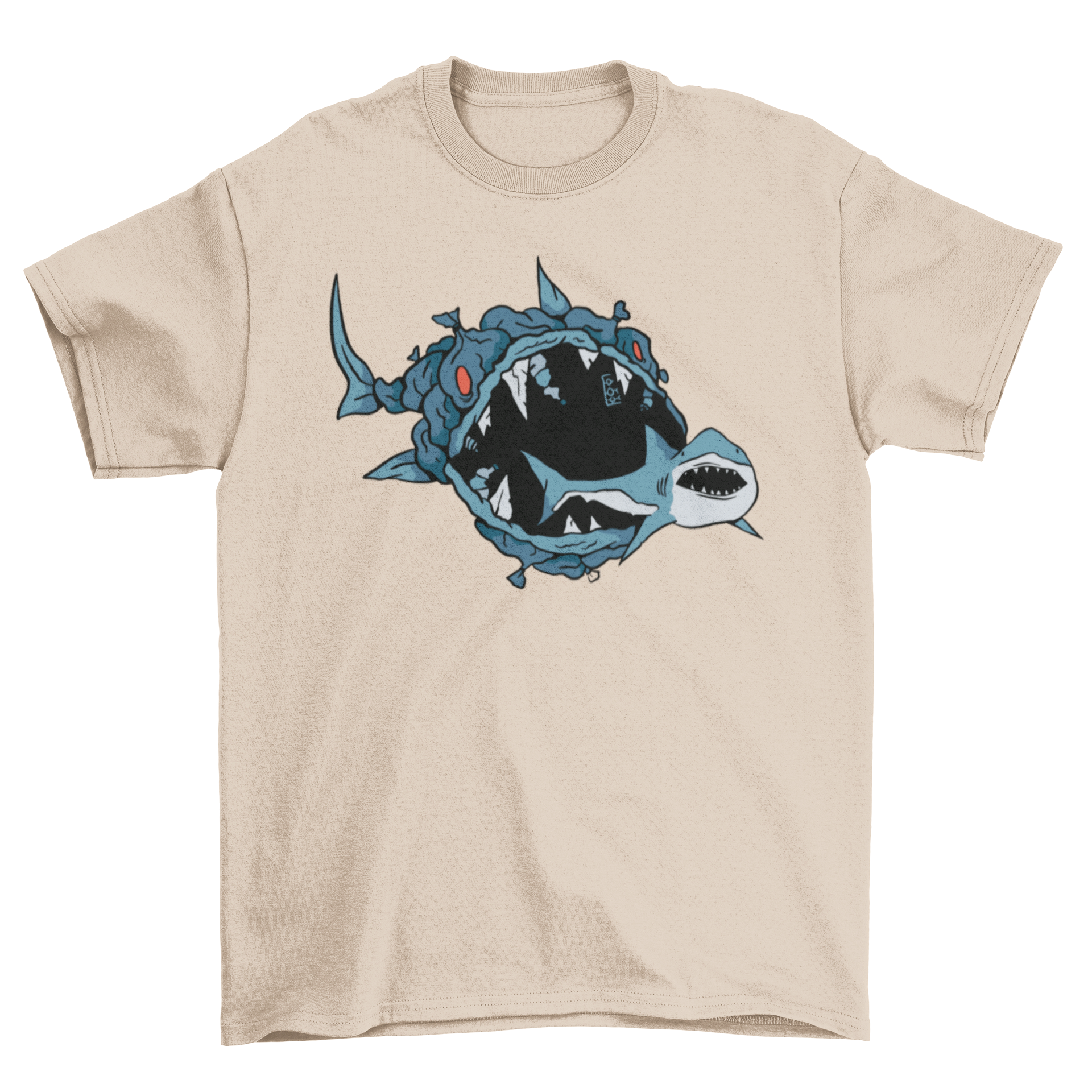 A creative t-shirt design featuring a fish made of garbage eating a shark, symbolizing ocean pollution.