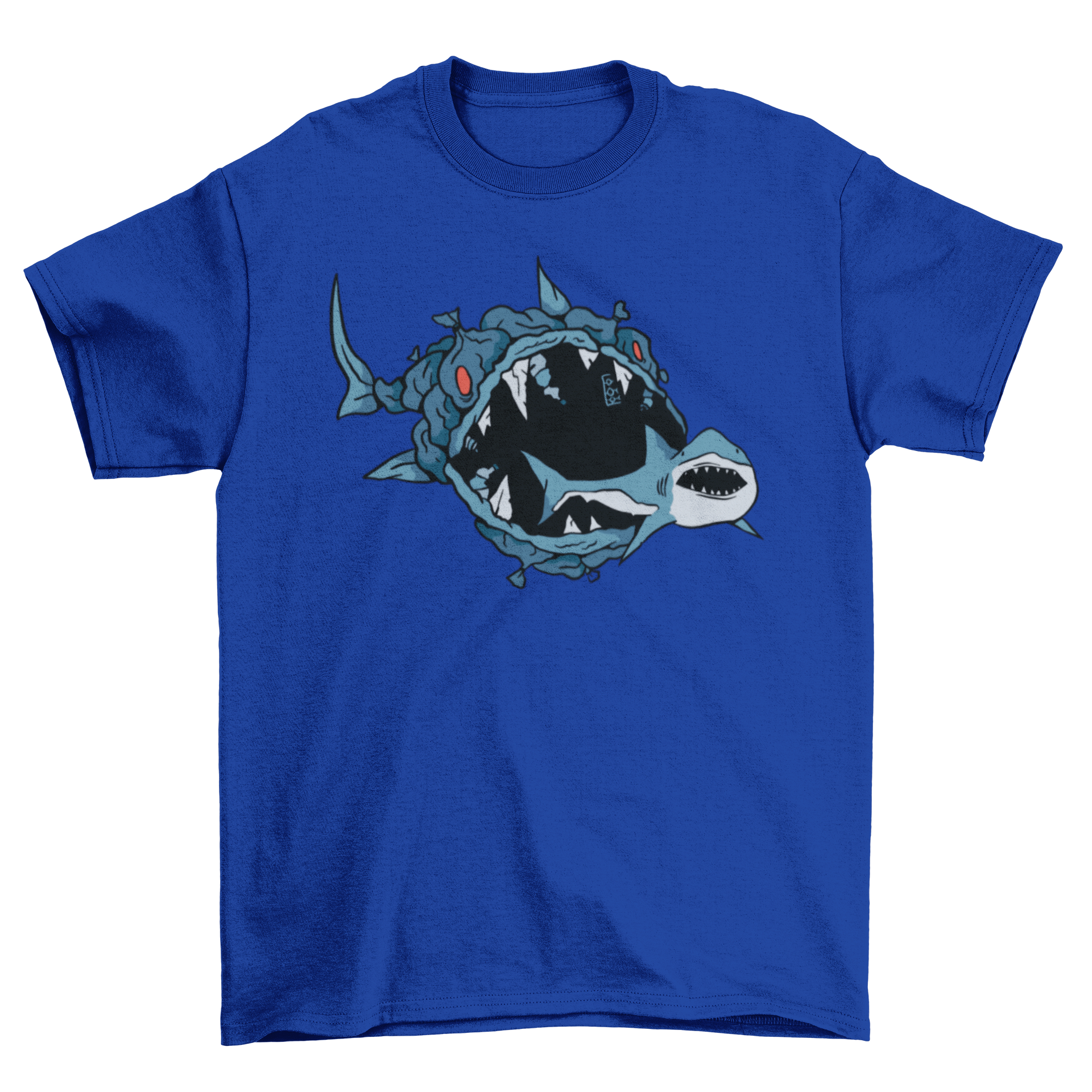 A creative t-shirt design featuring a fish made of garbage eating a shark, symbolizing ocean pollution.