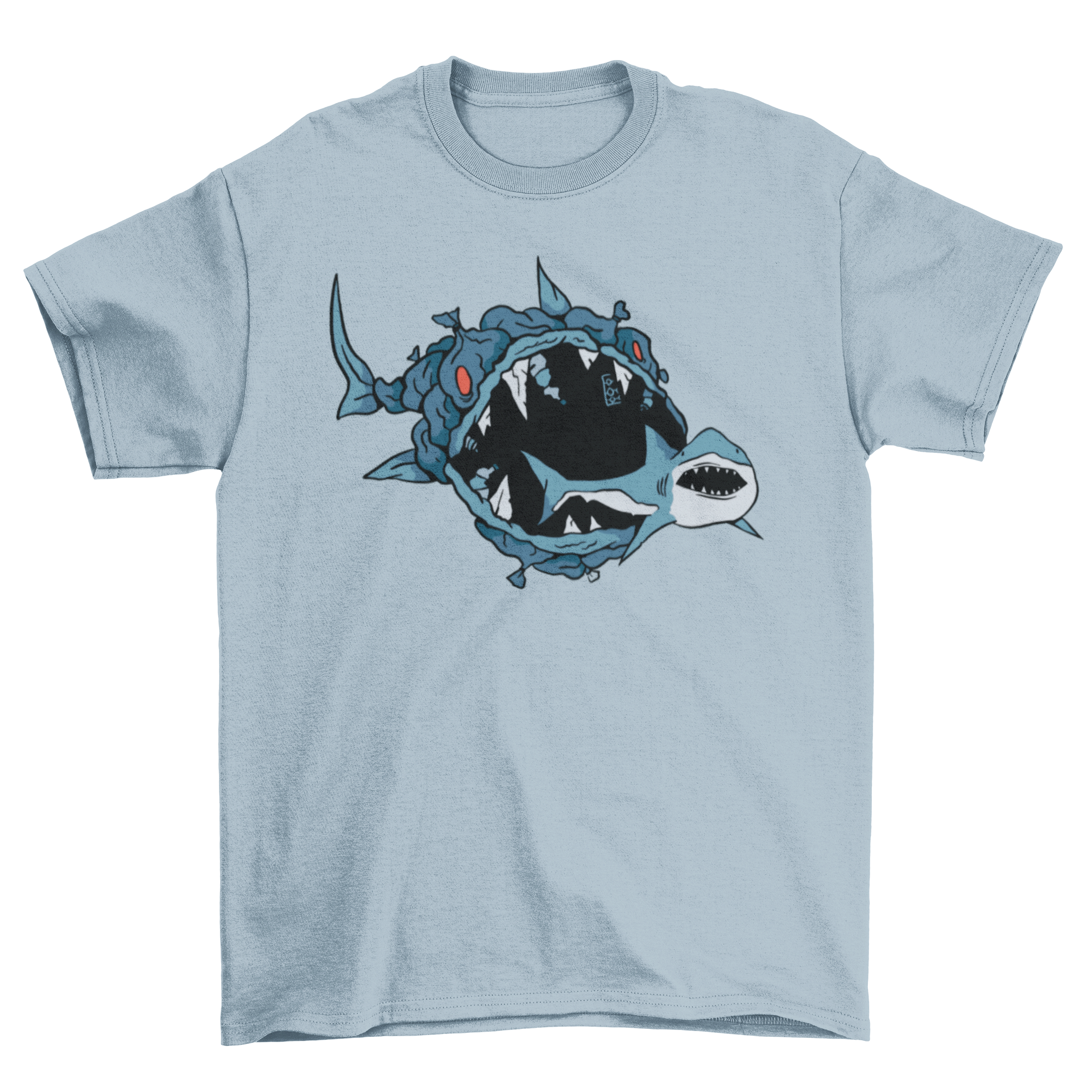 A creative t-shirt design featuring a fish made of garbage eating a shark, symbolizing ocean pollution.