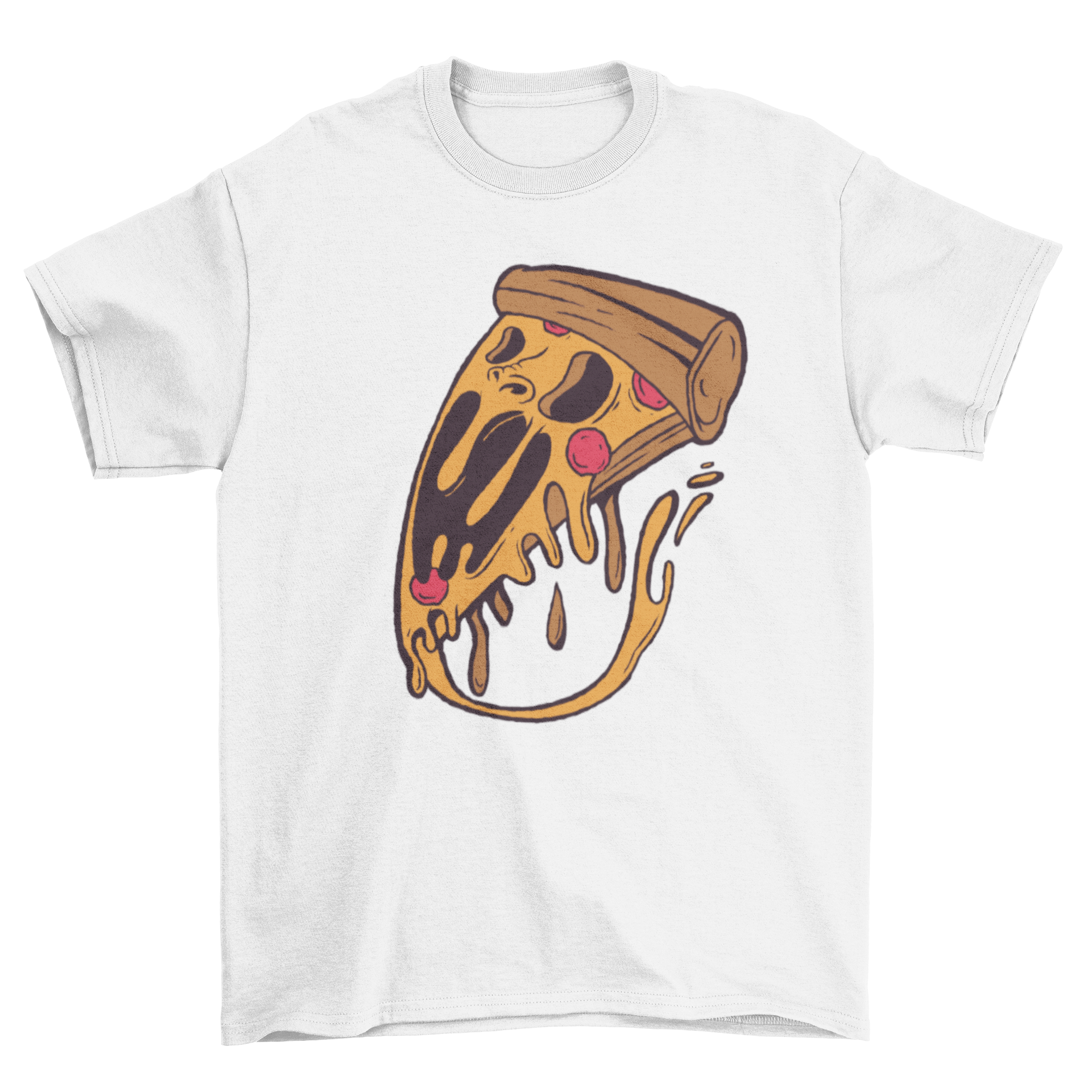 A colorful T-shirt featuring a playful pizza slice monster design, perfect for pizza lovers.