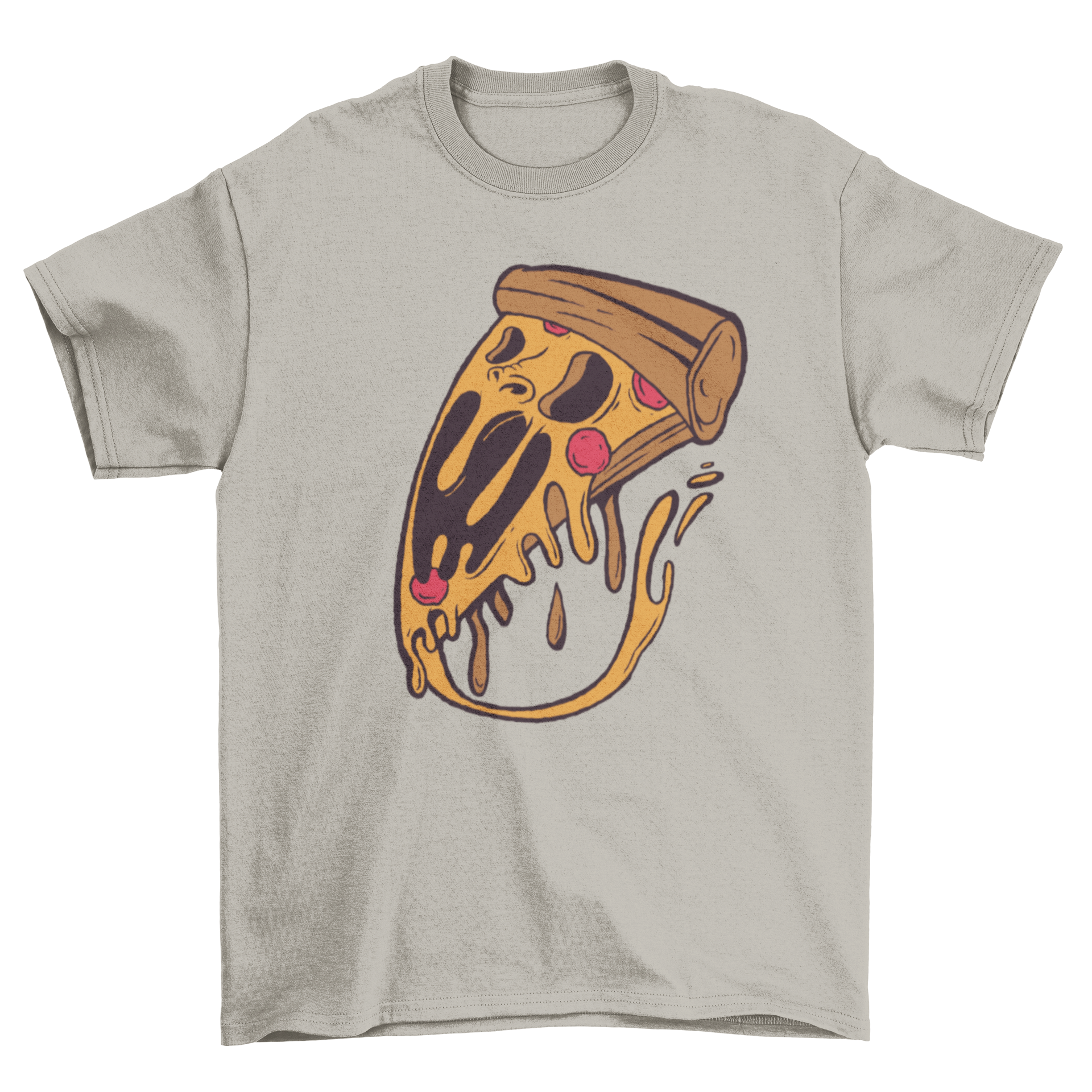 A colorful T-shirt featuring a playful pizza slice monster design, perfect for pizza lovers.