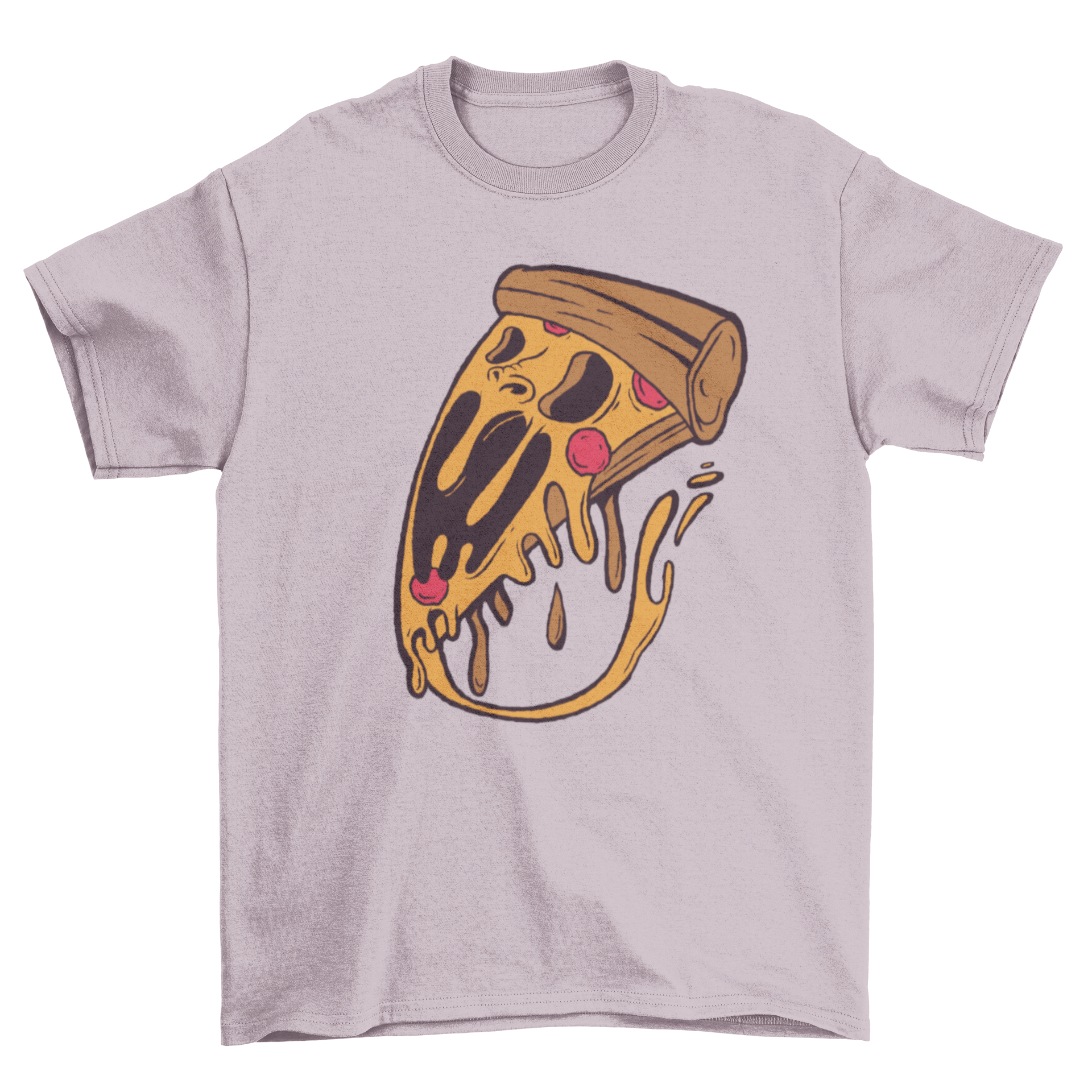 A colorful T-shirt featuring a playful pizza slice monster design, perfect for pizza lovers.