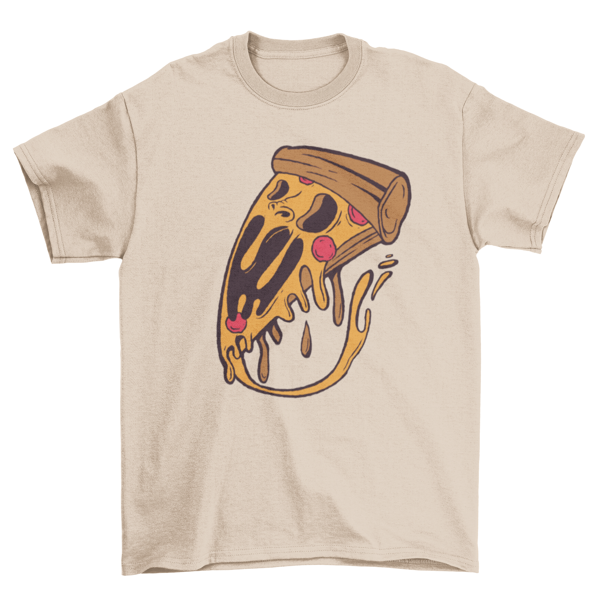 A colorful T-shirt featuring a playful pizza slice monster design, perfect for pizza lovers.