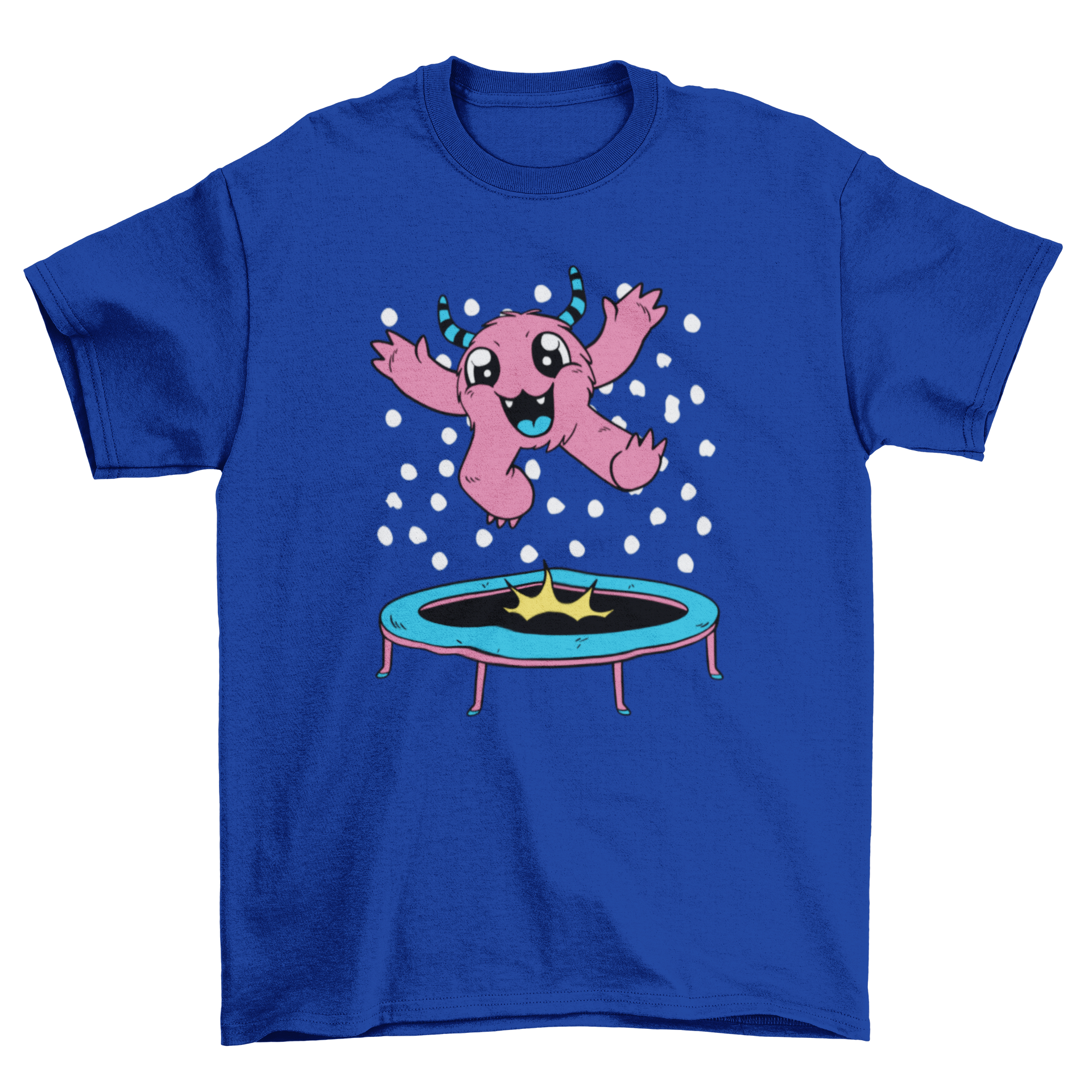 A colorful t-shirt featuring a cute monster jumping on a trampoline, showcasing a fun and playful design.