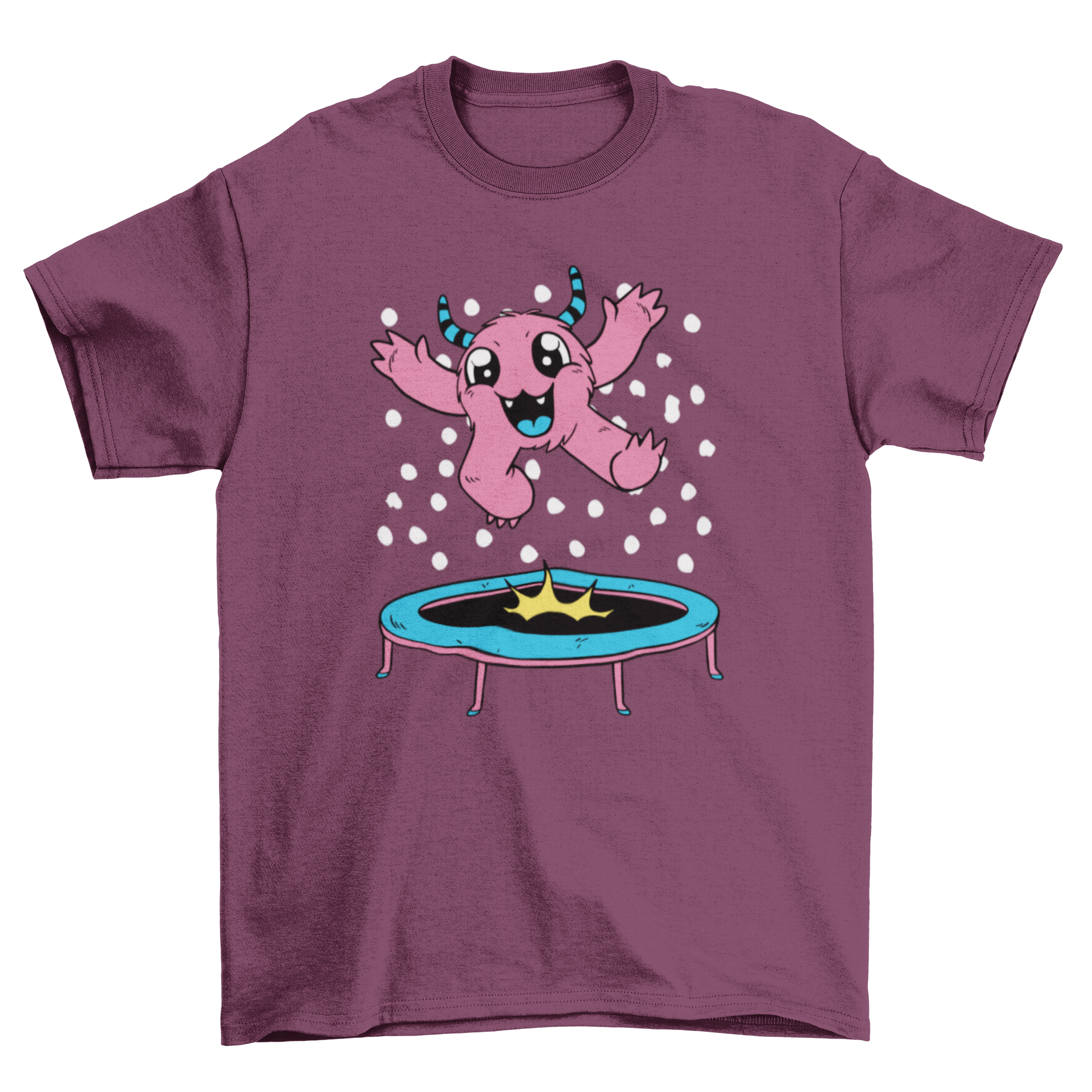 A colorful t-shirt featuring a cute monster jumping on a trampoline, showcasing a fun and playful design.