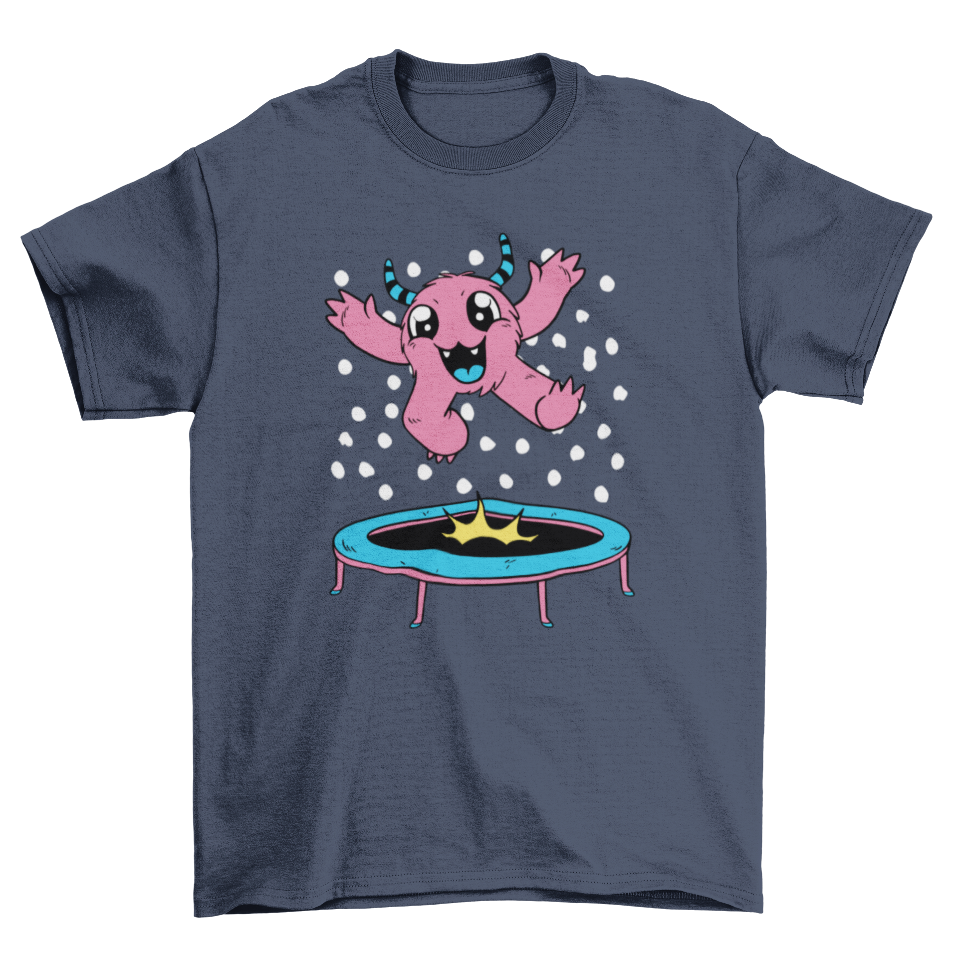 A colorful t-shirt featuring a cute monster jumping on a trampoline, showcasing a fun and playful design.