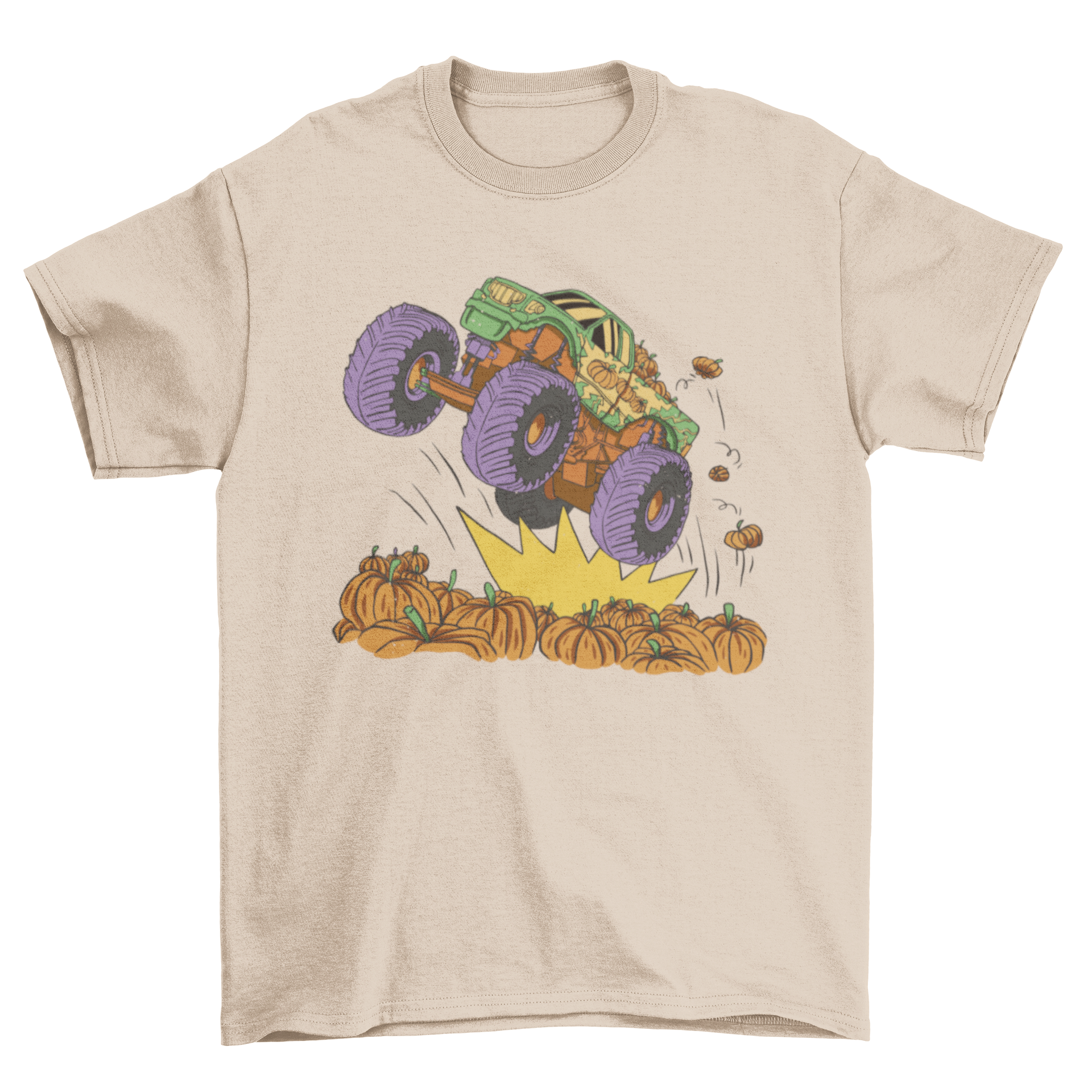 A vibrant t-shirt design featuring a monster truck jumping over a field of pumpkins, perfect for Halloween.