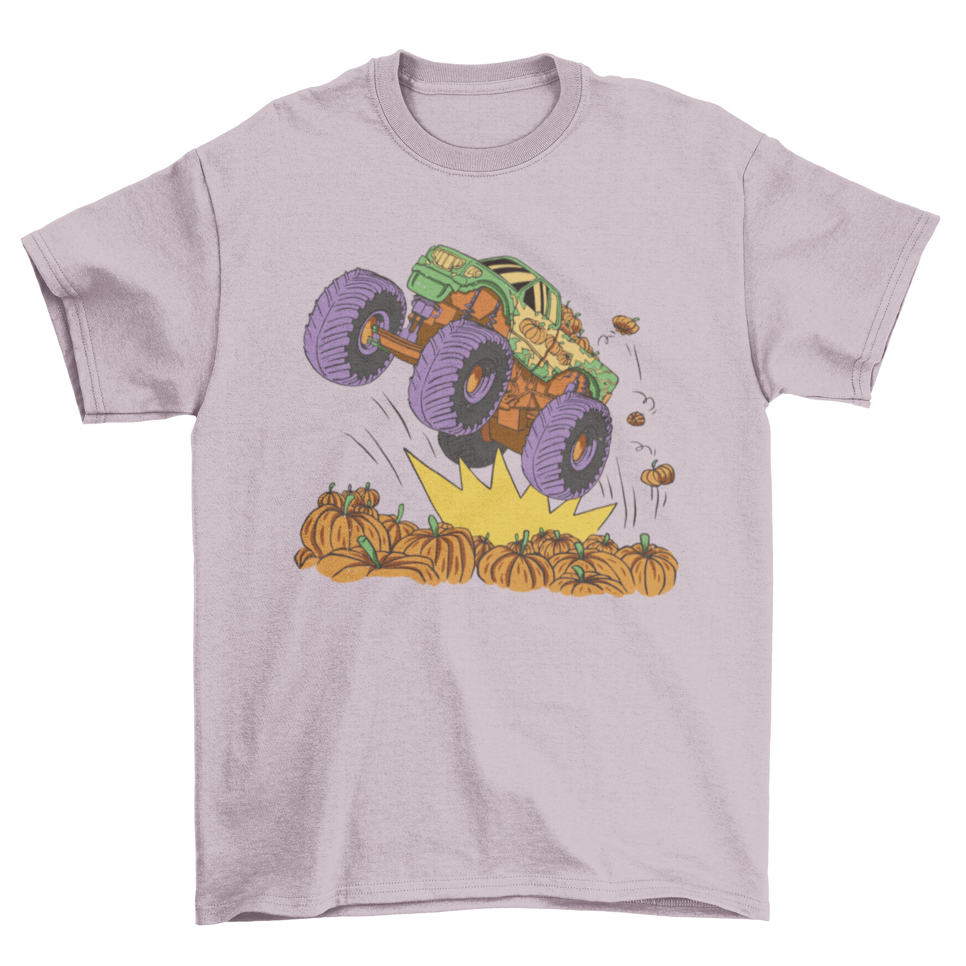 A vibrant t-shirt design featuring a monster truck jumping over a field of pumpkins, perfect for Halloween.