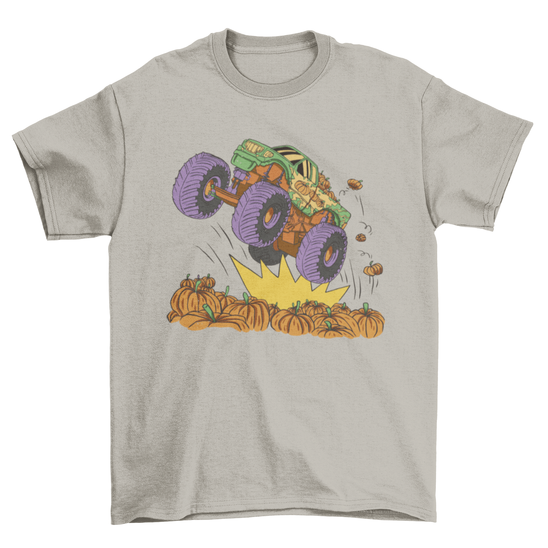 A vibrant t-shirt design featuring a monster truck jumping over a field of pumpkins, perfect for Halloween.