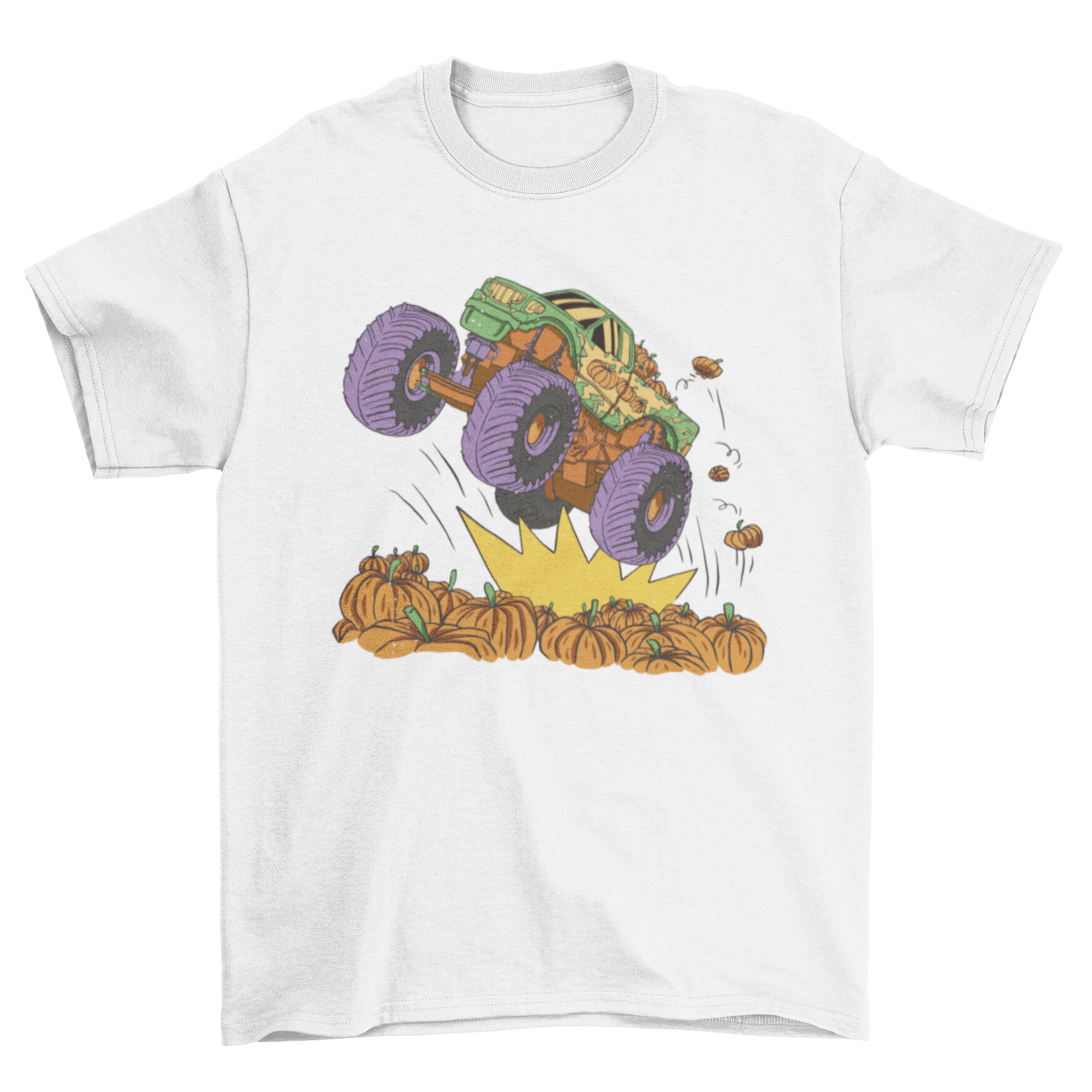 A vibrant t-shirt design featuring a monster truck jumping over a field of pumpkins, perfect for Halloween.