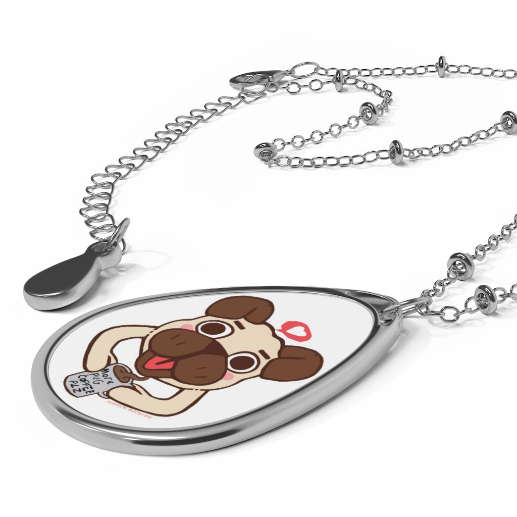 More Pug Coffee Oval Necklace featuring a brass pendant with an ellipse shape and aluminum print panel, secured with a lobster clasp.