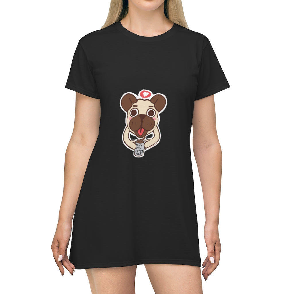 More Pug Coffee Please All Over Print T-Shirt Dress featuring playful pug designs on a lightweight fabric.