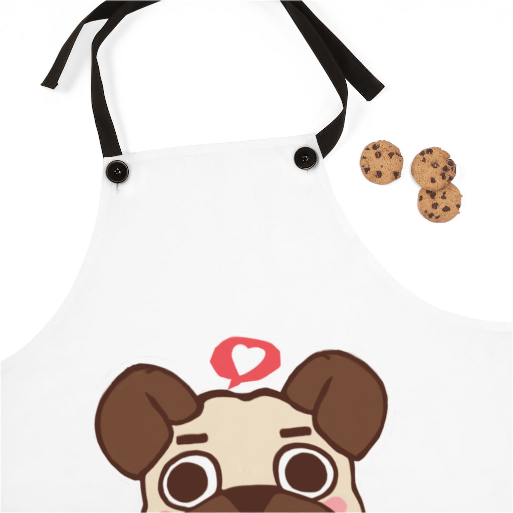 More Pug Coffee Please Apron featuring a stylish pug design, lightweight polyester fabric, and black detachable twill straps.