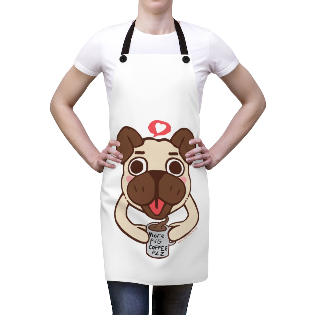 More Pug Coffee Please Apron featuring a stylish pug design, lightweight polyester fabric, and black detachable twill straps.