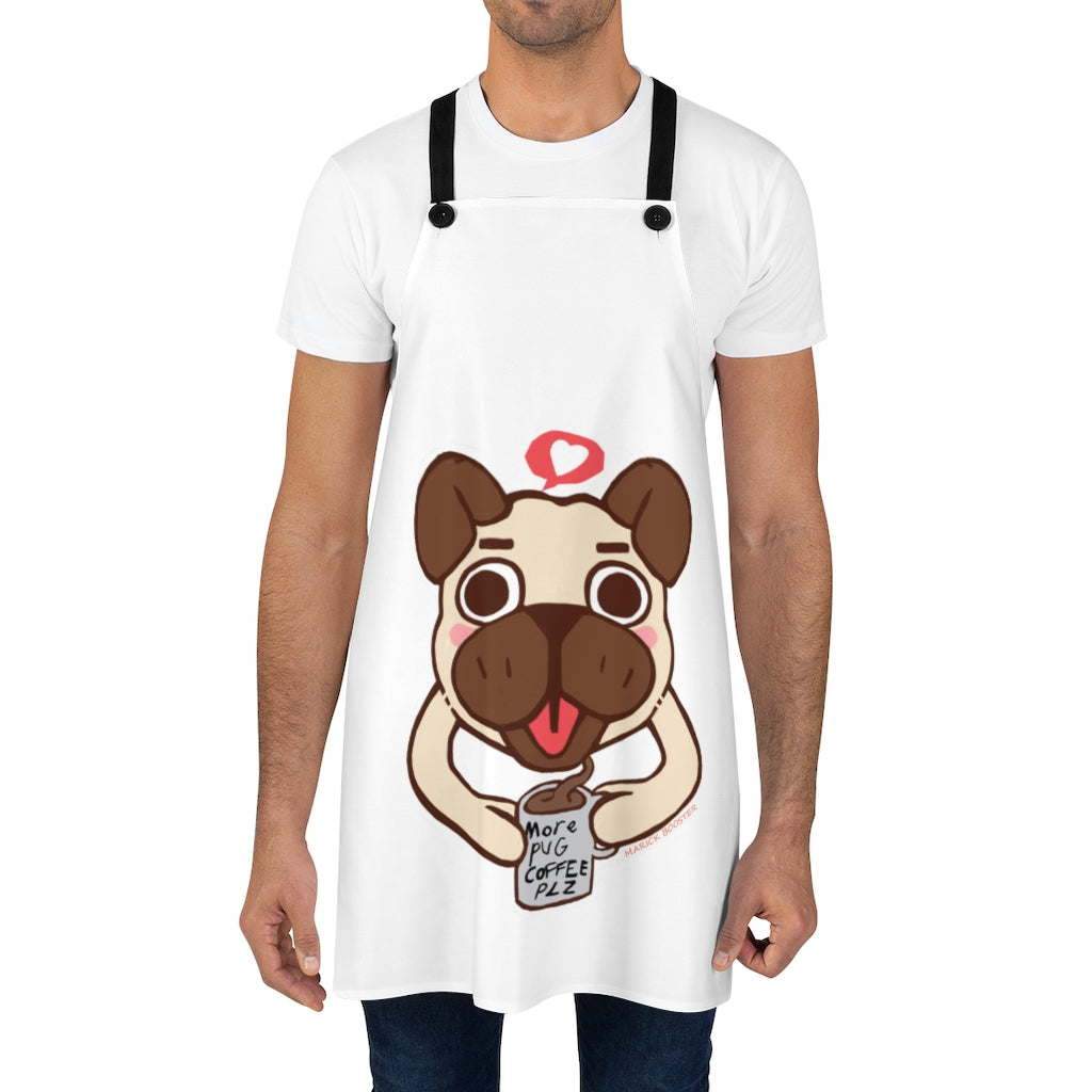 More Pug Coffee Please Apron featuring a stylish pug design, lightweight polyester fabric, and black detachable twill straps.