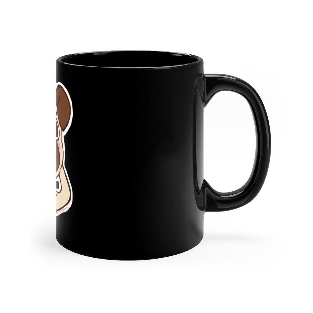 More Pug Coffee Please black ceramic mug with rounded corners and C-handle, featuring a full-wrap design.