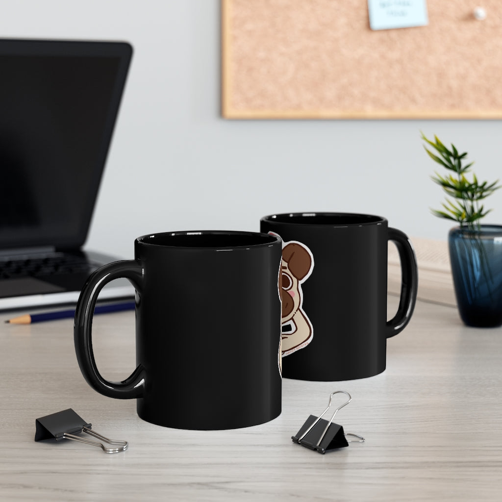 More Pug Coffee Please black ceramic mug with rounded corners and C-handle, featuring a full-wrap design.