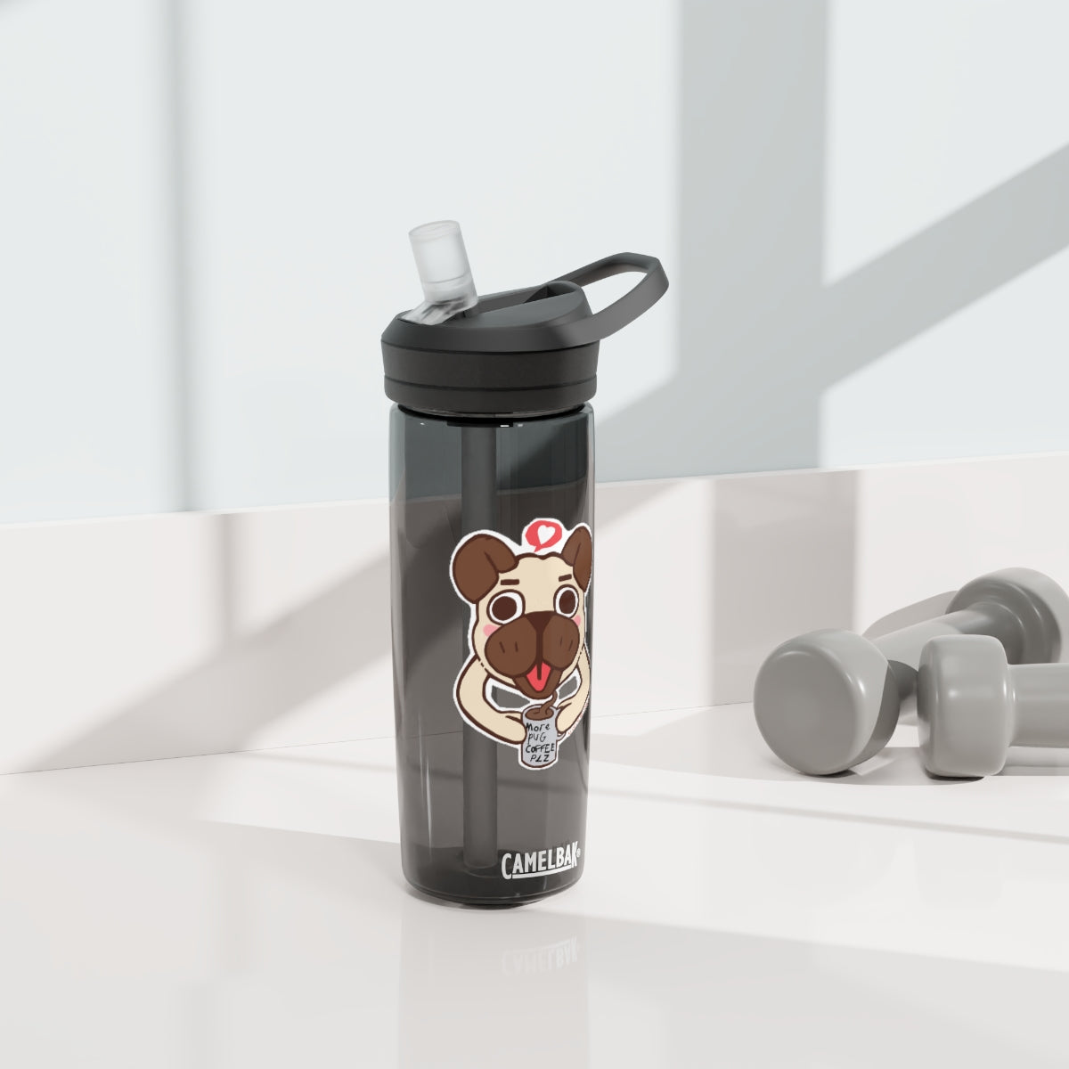 More Pug Coffee Please CamelBak Eddy® Water Bottle in 20oz and 25oz sizes, featuring a playful pug design and a durable Tritan™ body.