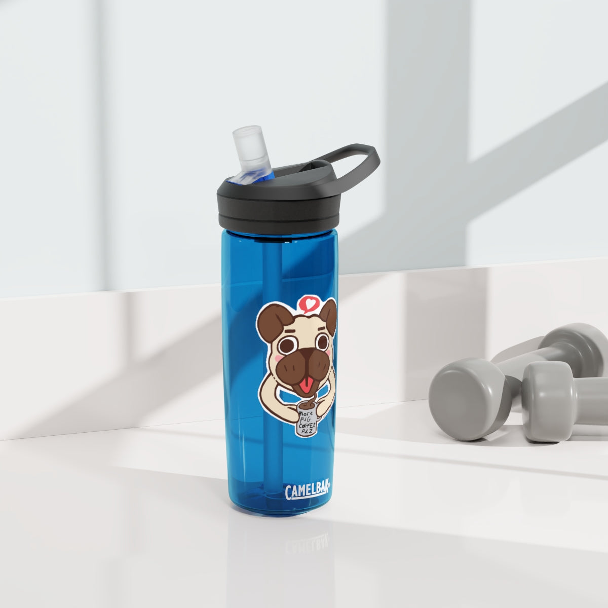 More Pug Coffee Please CamelBak Eddy® Water Bottle in 20oz and 25oz sizes, featuring a playful pug design and a durable Tritan™ body.