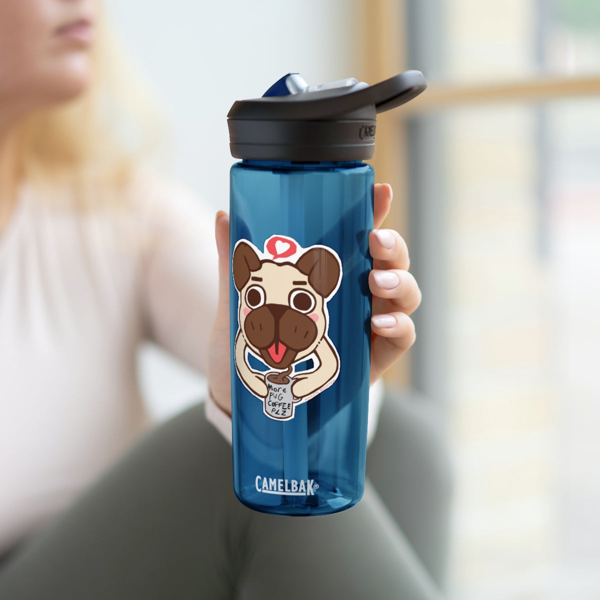 More Pug Coffee Please CamelBak Eddy® Water Bottle in 20oz and 25oz sizes, featuring a playful pug design and a durable Tritan™ body.