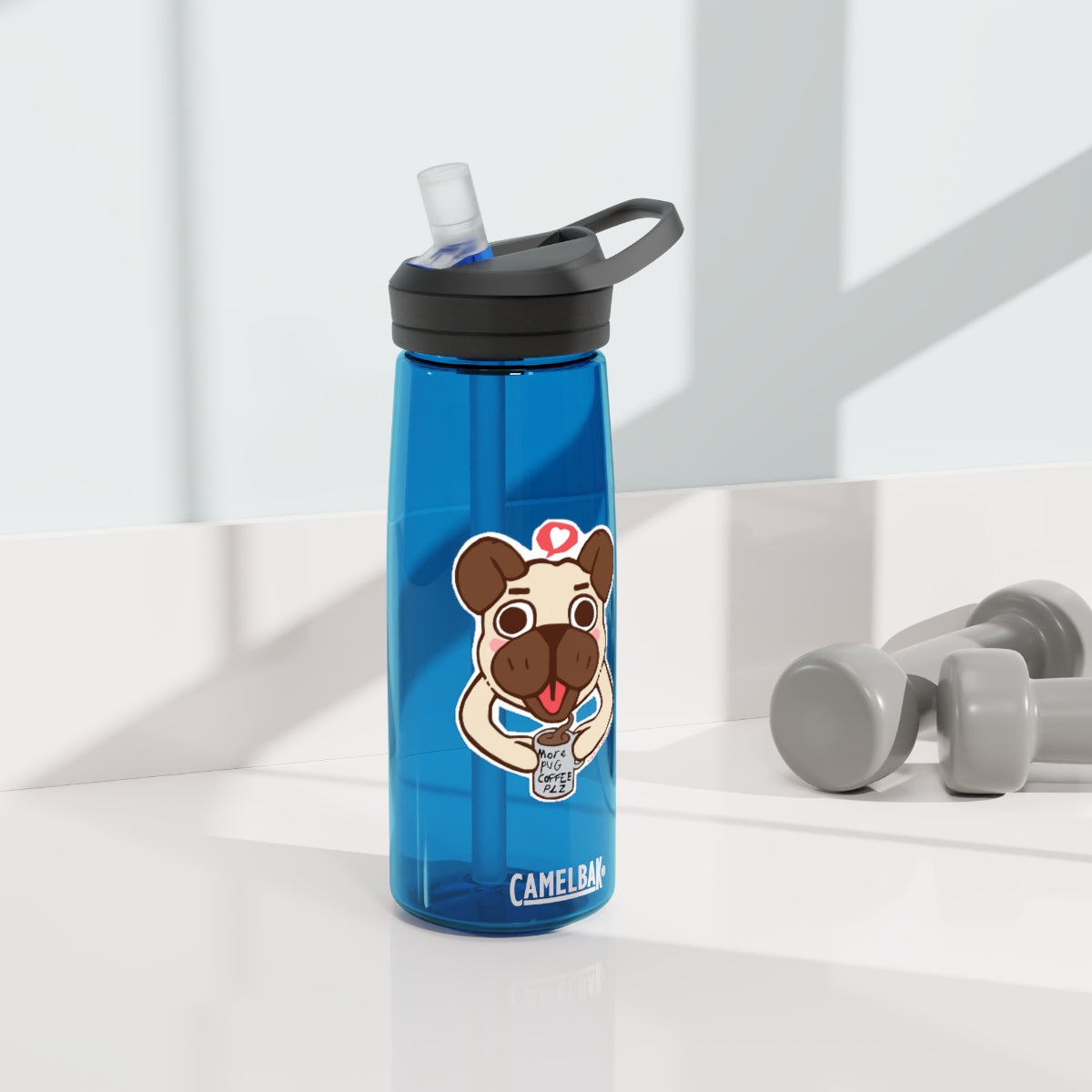 More Pug Coffee Please CamelBak Eddy® Water Bottle in 20oz and 25oz sizes, featuring a playful pug design and a durable Tritan™ body.