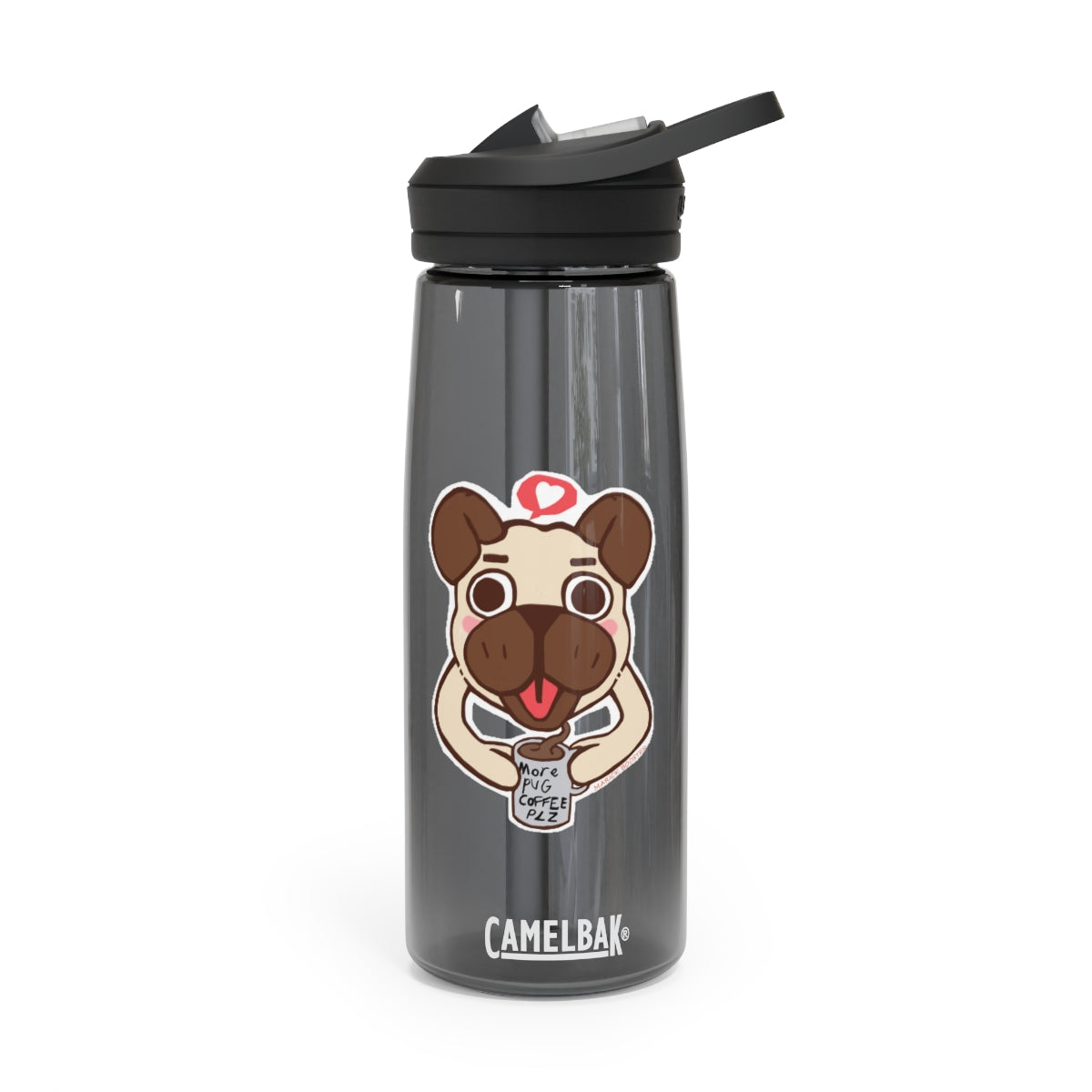 More Pug Coffee Please CamelBak Eddy® Water Bottle in 20oz and 25oz sizes, featuring a playful pug design and a durable Tritan™ body.