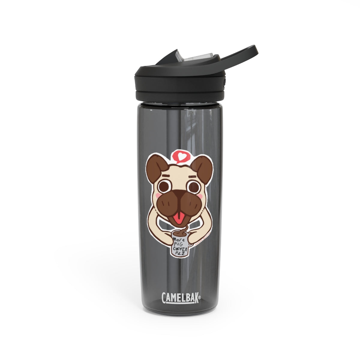 More Pug Coffee Please CamelBak Eddy® Water Bottle in 20oz and 25oz sizes, featuring a playful pug design and a durable Tritan™ body.